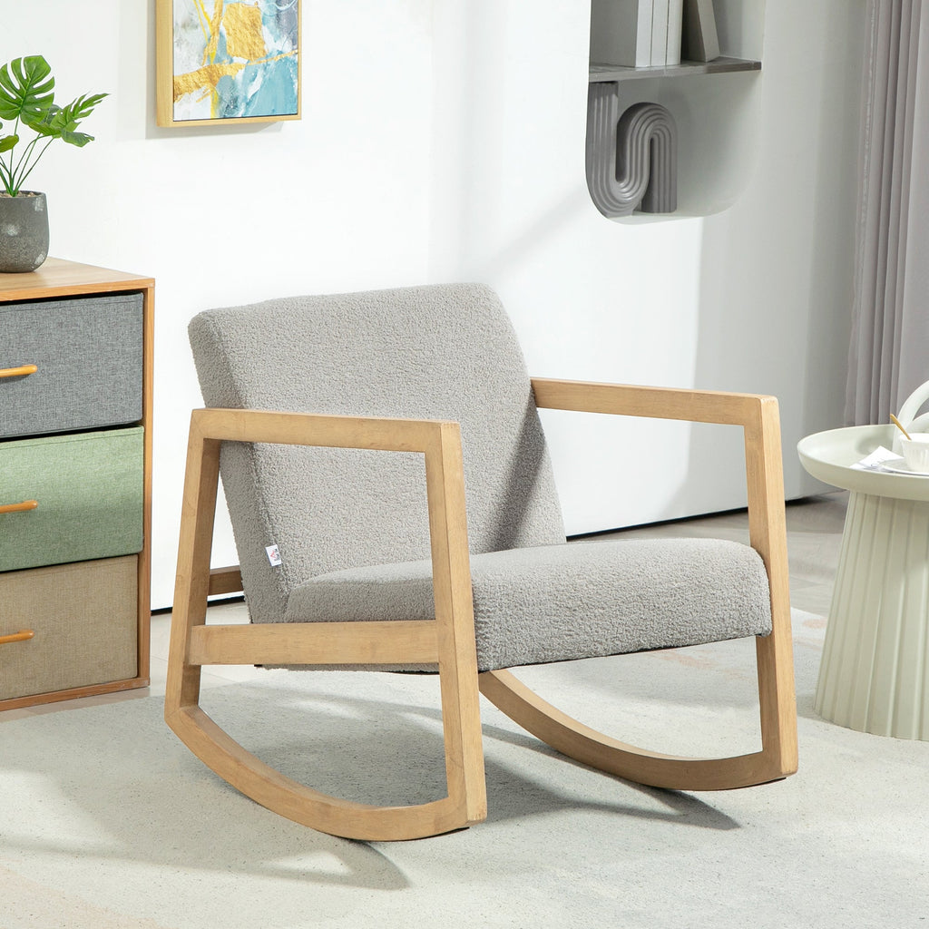HOMCOM Poltrona Baloiço Estofada em Tecido em Borrego Poltrona Baloiço com Assento Acolchoado Apoio para os Braços e Pés de Madeira de Borracha para Sala de Estar Dormitório 60x81x71 cm Cinza - A minha loja