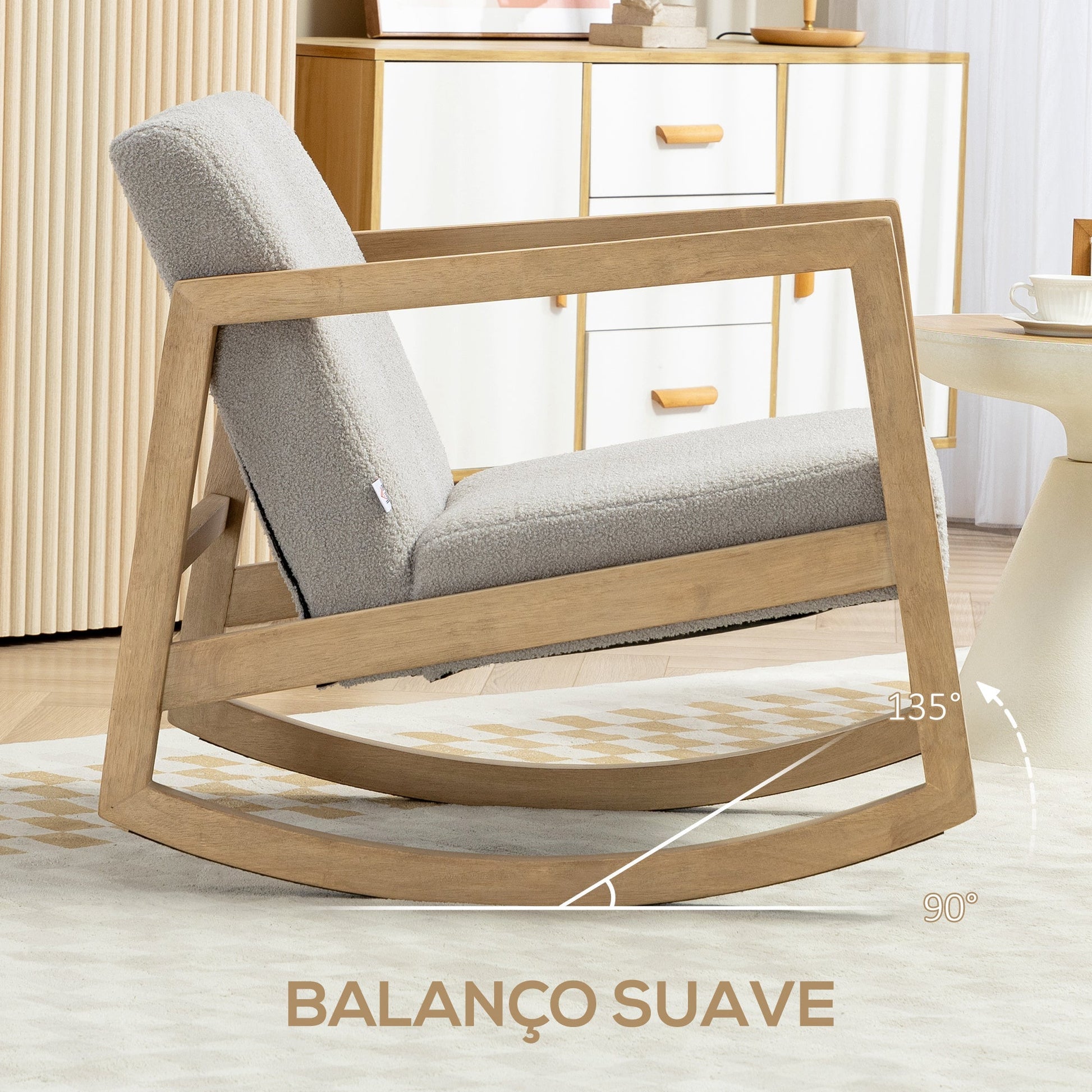 HOMCOM Poltrona Baloiço Estofada em Tecido em Borrego Poltrona Baloiço com Assento Acolchoado Apoio para os Braços e Pés de Madeira de Borracha para Sala de Estar Dormitório 60x81x71 cm Cinza - A minha loja