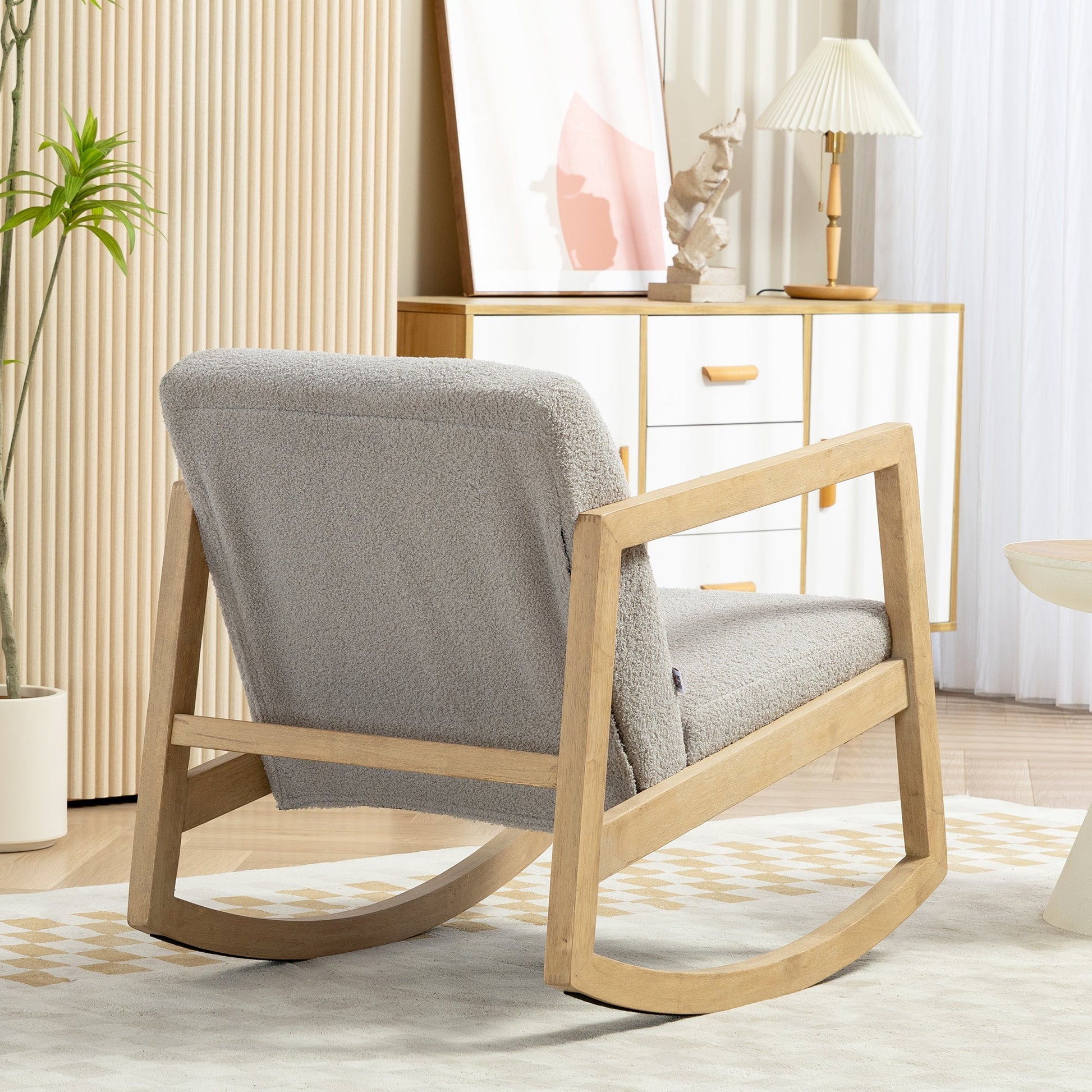 HOMCOM Poltrona Baloiço Estofada em Tecido em Borrego Poltrona Baloiço com Assento Acolchoado Apoio para os Braços e Pés de Madeira de Borracha para Sala de Estar Dormitório 60x81x71 cm Cinza - A minha loja
