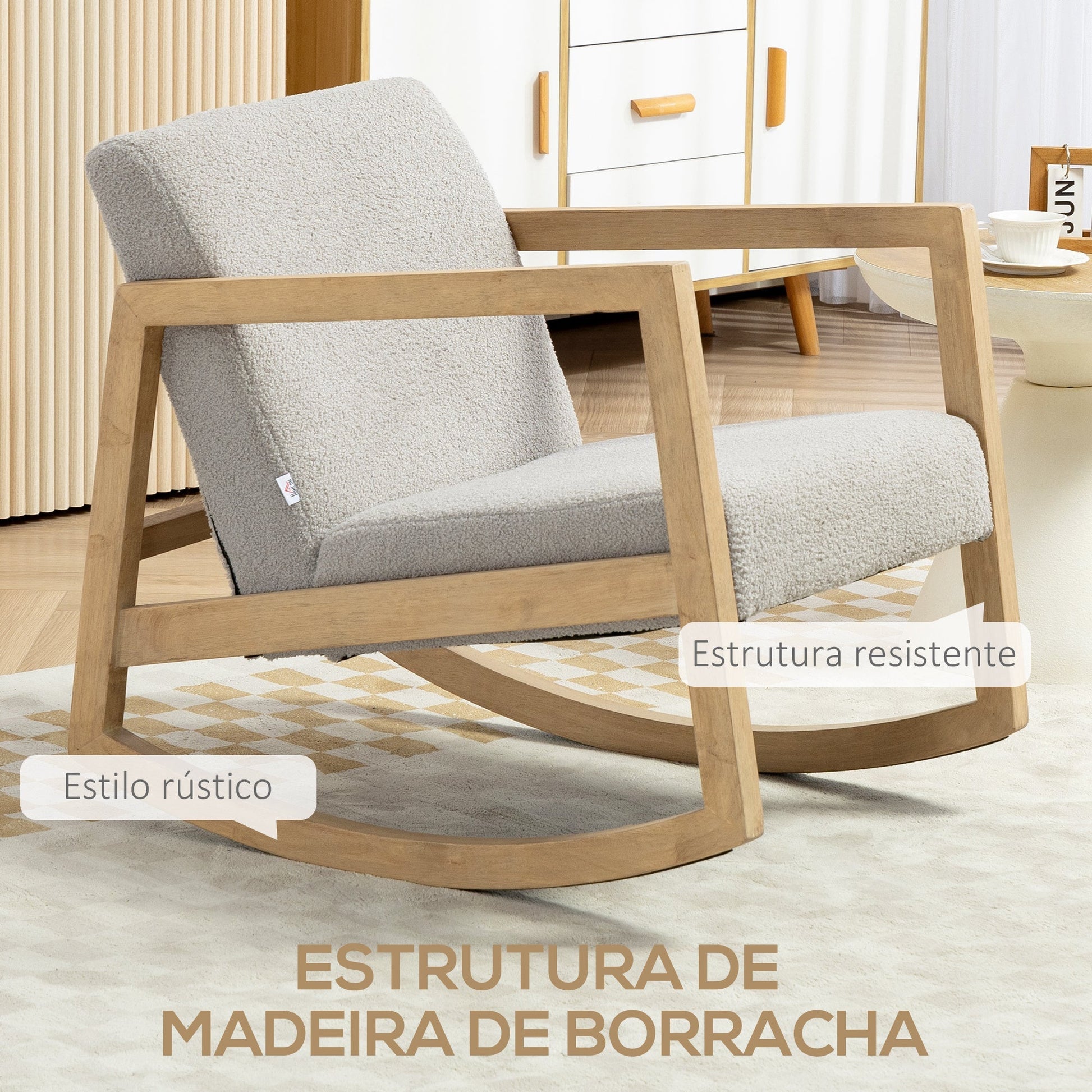 HOMCOM Poltrona Baloiço Estofada em Tecido em Borrego Poltrona Baloiço com Assento Acolchoado Apoio para os Braços e Pés de Madeira de Borracha para Sala de Estar Dormitório 60x81x71 cm Cinza - A minha loja