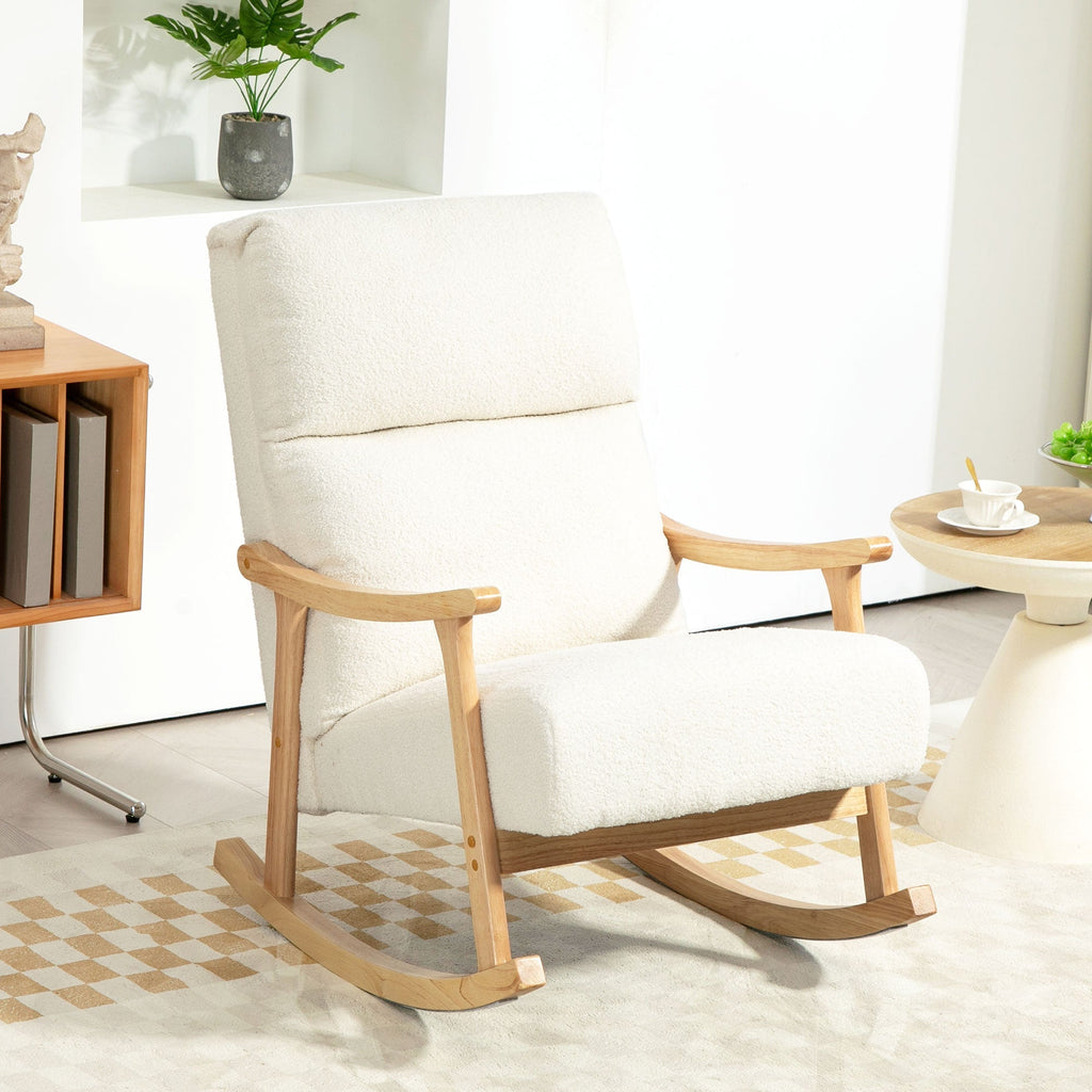 HOMCOM Poltrona Baloiço Moderna Poltrona Baloiço com Pés e Apoio para os Braços de Madeira de Faia Encosto Alto Poltrona de Amamentação Carga 120 kg para Dormitório Sala de Estar 65x90x98 cm Creme - A minha loja