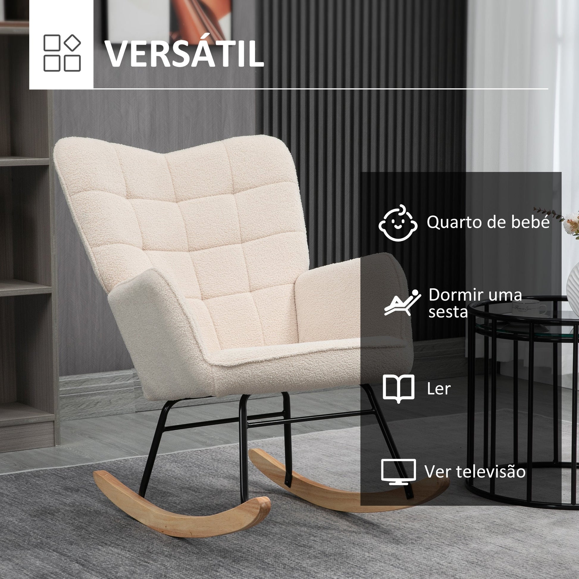 HOMCOM Poltrona Baloiço Poltrona de Sala de Estar Oscilação de 40° com Pés de Madeira de Faia e Estrutura de Aço para Dormitório Carga Máxima 120 kg 71x92x101 cm Bege - A minha loja