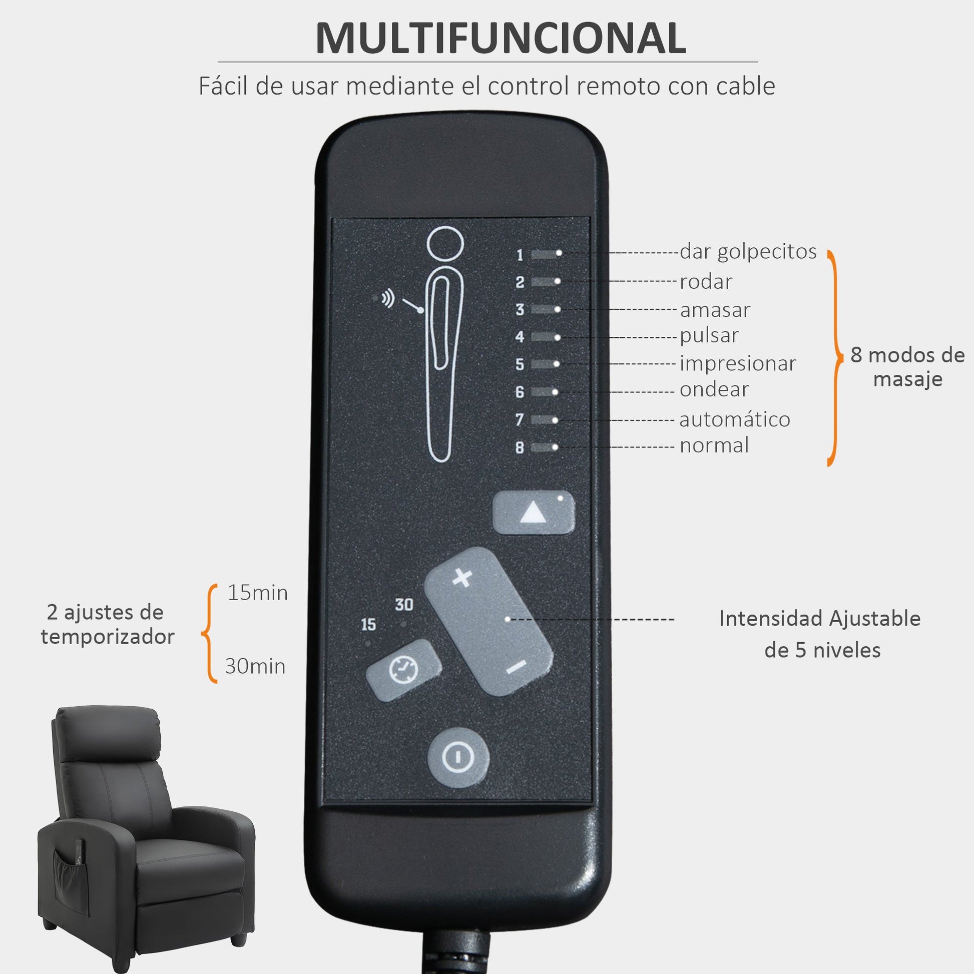 HOMCOM Poltrona de Massagem Poltrona Relax Reinclinável com Controle Remoto 2 Zonas de Massagem 8 Programas 5 Níveis de Intensidade Estofado em PU 68x88x98cm Cinza - A minha loja
