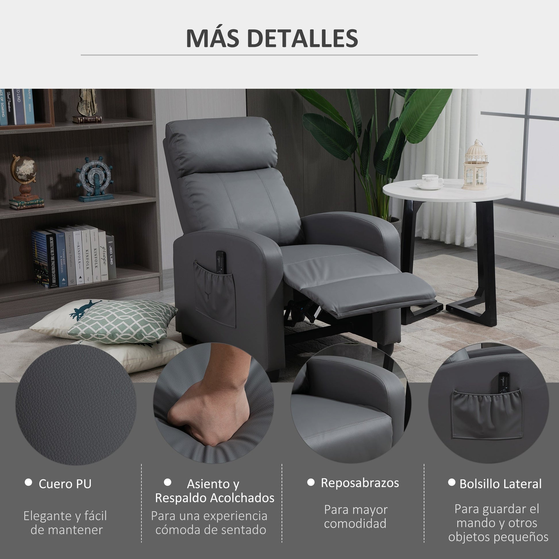 HOMCOM Poltrona de Massagem Poltrona Relax Reinclinável com Controle Remoto 2 Zonas de Massagem 8 Programas 5 Níveis de Intensidade Estofado em PU 68x88x98cm Cinza - A minha loja