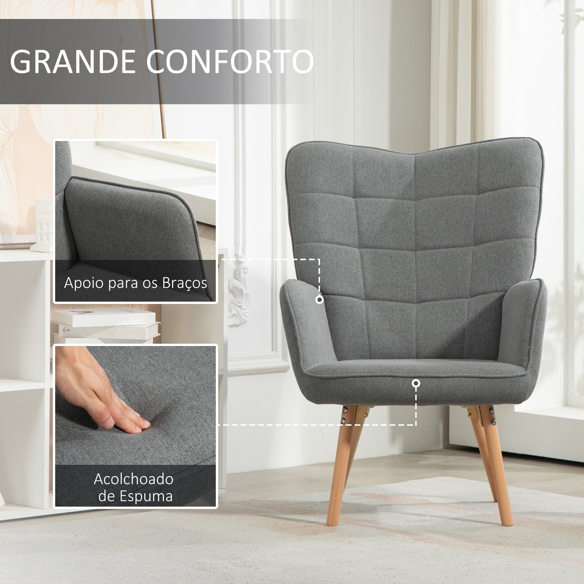 HOMCOM Poltrona de Sala de Estar Moderna Poltrona com Encosto Alto Apoio para os Braços Tecido de Linho e Pés de Madeira de Haya para Sala de Jantar Cozinha 71x76x101 cm Cinza - A minha loja