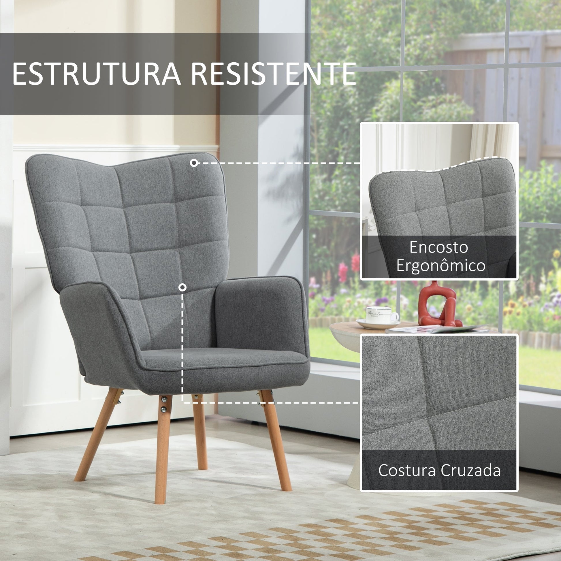 HOMCOM Poltrona de Sala de Estar Moderna Poltrona com Encosto Alto Apoio para os Braços Tecido de Linho e Pés de Madeira de Haya para Sala de Jantar Cozinha 71x76x101 cm Cinza - A minha loja