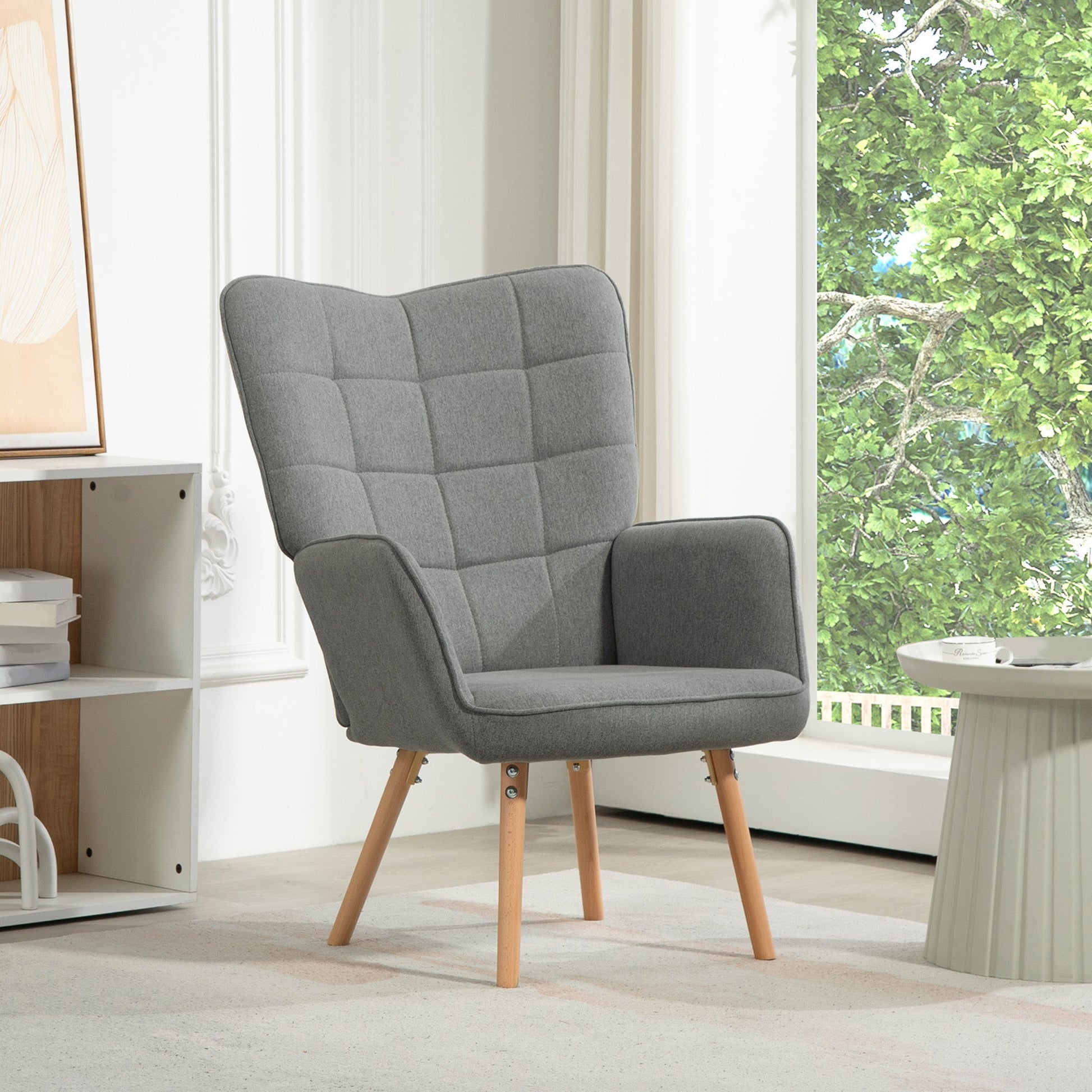 HOMCOM Poltrona de Sala de Estar Moderna Poltrona com Encosto Alto Apoio para os Braços Tecido de Linho e Pés de Madeira de Haya para Sala de Jantar Cozinha 71x76x101 cm Cinza - A minha loja