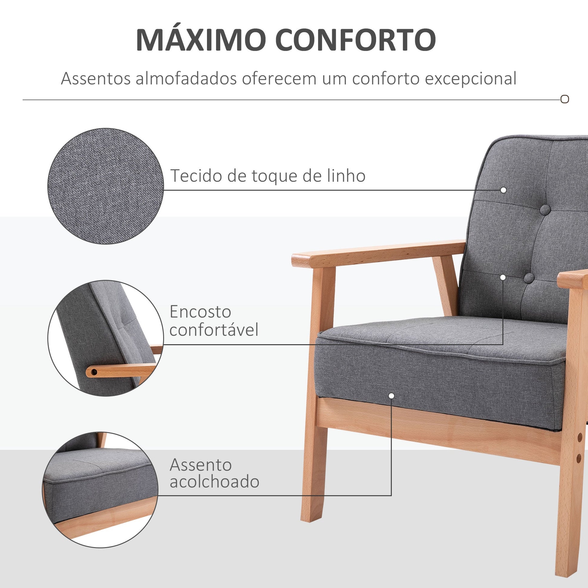 HOMCOM Poltrona de Sala de Estar Poltrona Individual Estofada em Linho com Assento Acolchoado e Estrutura de Madeira para Escritório Dormitório Carga 200kg 70x64,5x74cm Cinza e Madeira - A minha loja
