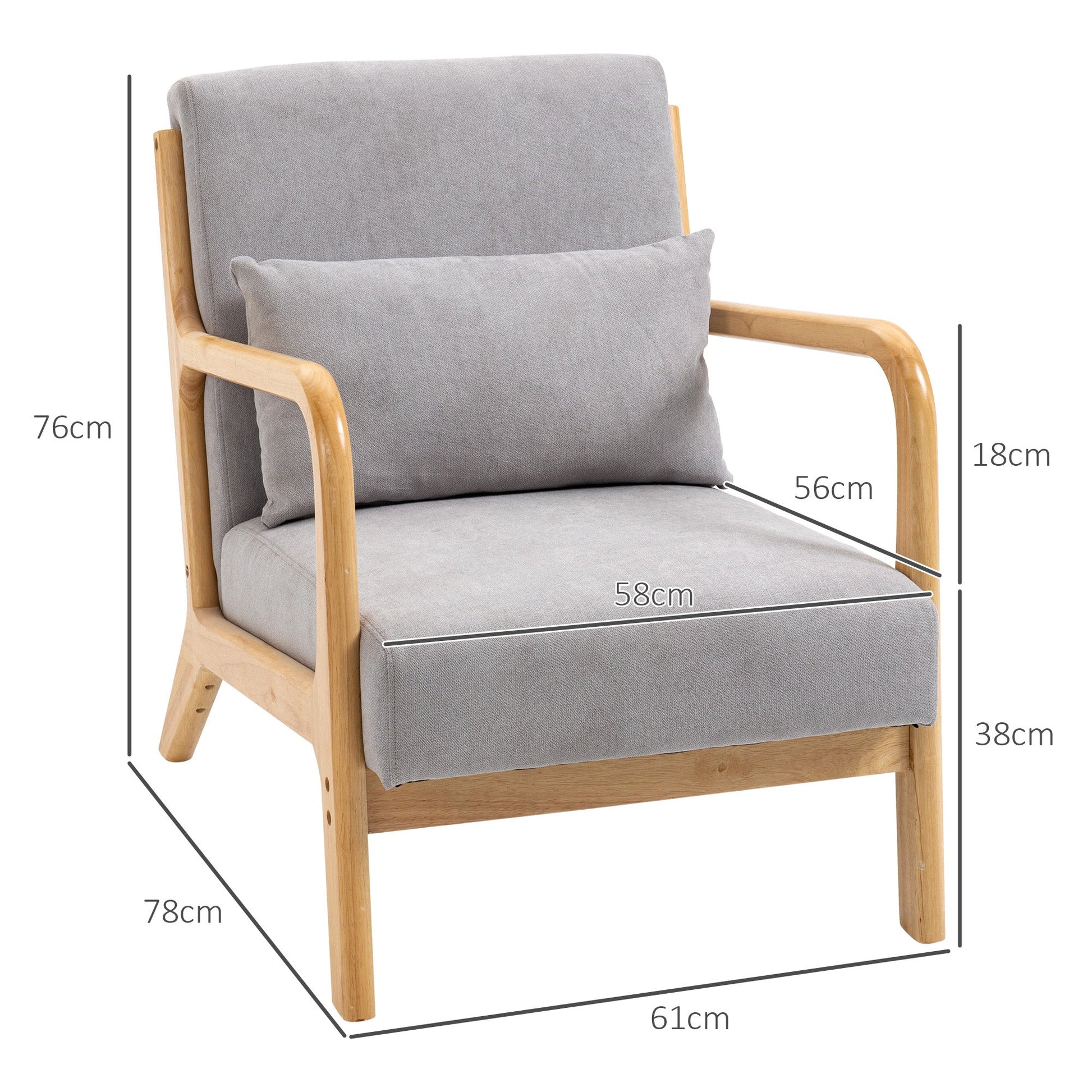 HOMCOM Poltrona Sala de Estar Nórdica Poltrona Individual Acolchoada com Apoio para os Braços e Estrutura de Madeira de Borracha para Dormitório Carga 120 kg 61x78x76 cm Cinza - A minha loja
