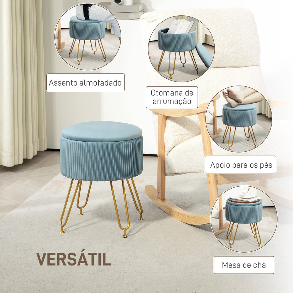 HOMCOM Puff de Armazenamento para Dormitório Puff de Arrumação Estofado em Veludo Banco de Armazenamento com Pés de Aço para Corredor Sala de Estar Ø40x48 cm Azul Claro - A minha loja