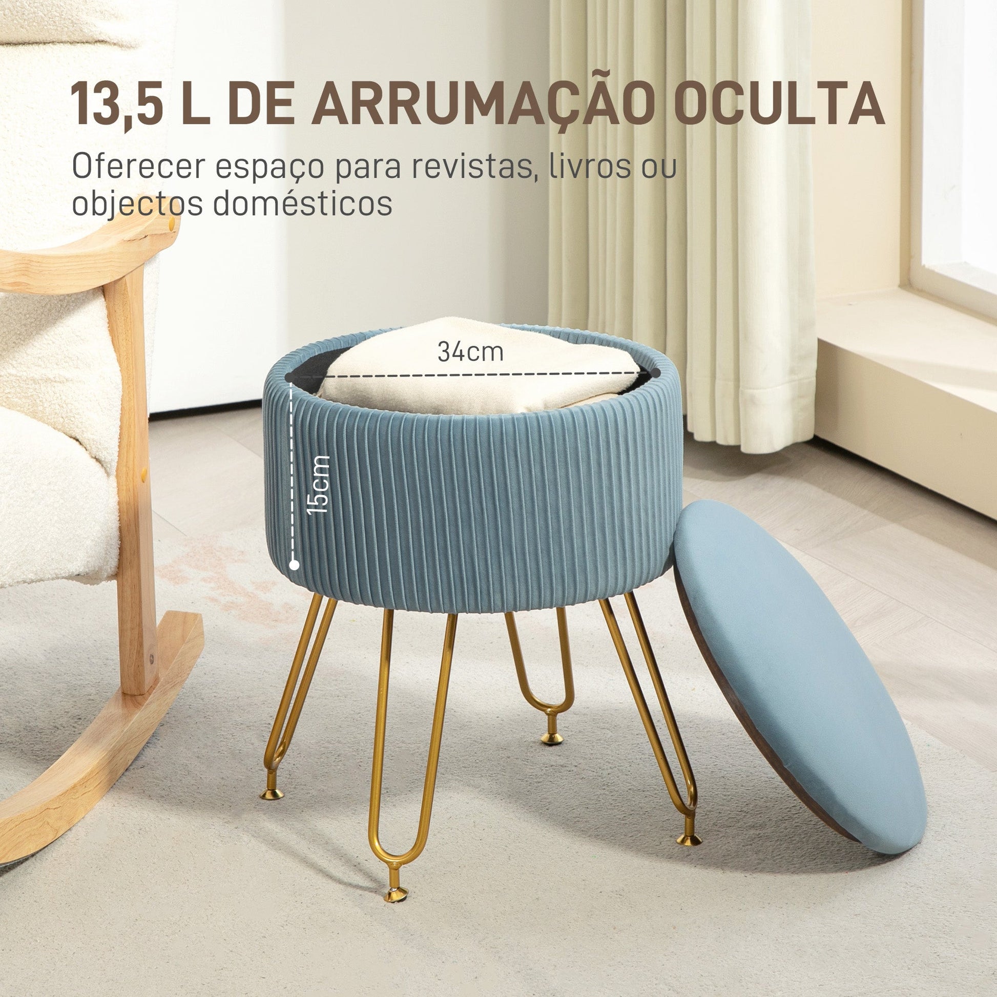 HOMCOM Puff de Armazenamento para Dormitório Puff de Arrumação Estofado em Veludo Banco de Armazenamento com Pés de Aço para Corredor Sala de Estar Ø40x48 cm Azul Claro - A minha loja