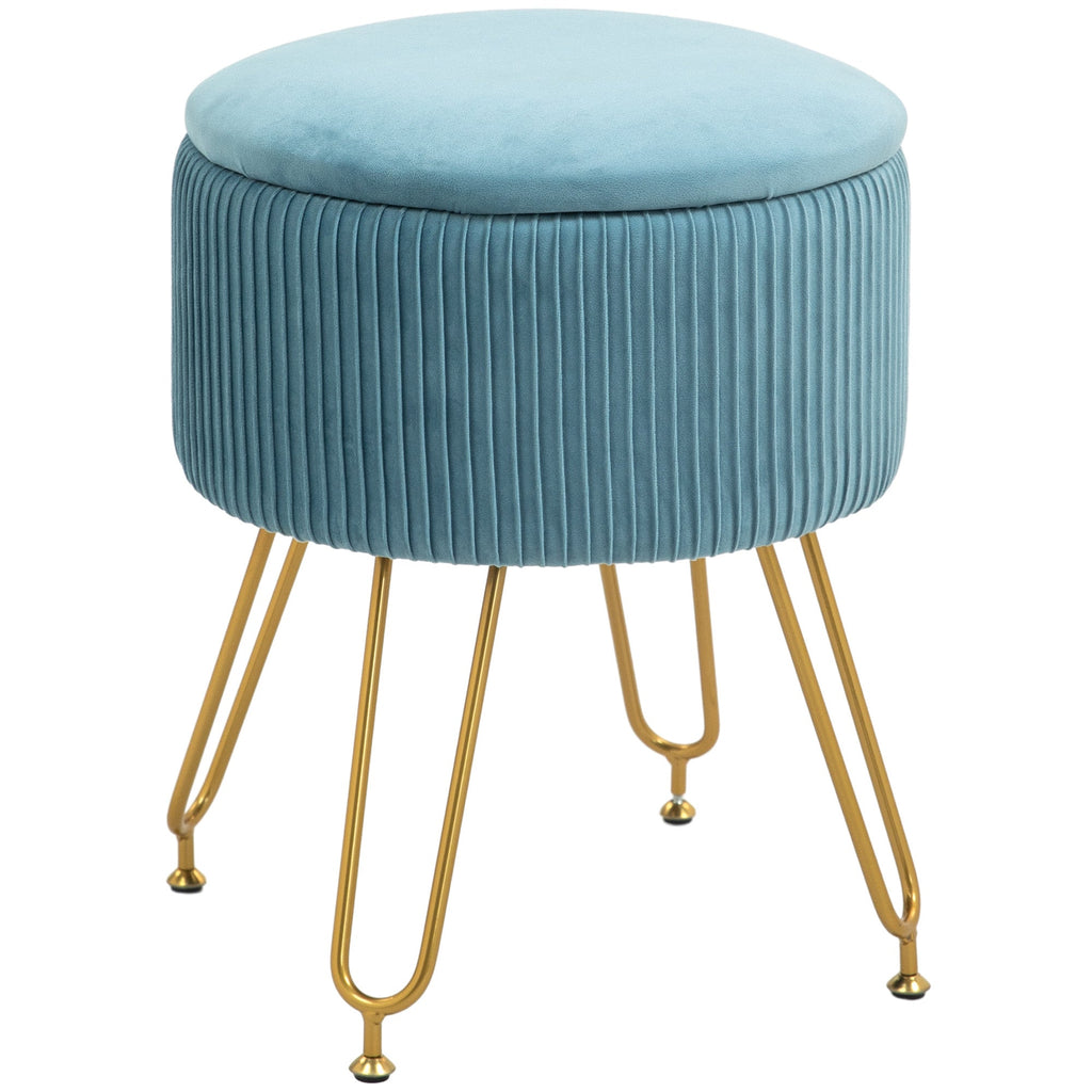 HOMCOM Puff de Armazenamento para Dormitório Puff de Arrumação Estofado em Veludo Banco de Armazenamento com Pés de Aço para Corredor Sala de Estar Ø40x48 cm Azul Claro - A minha loja