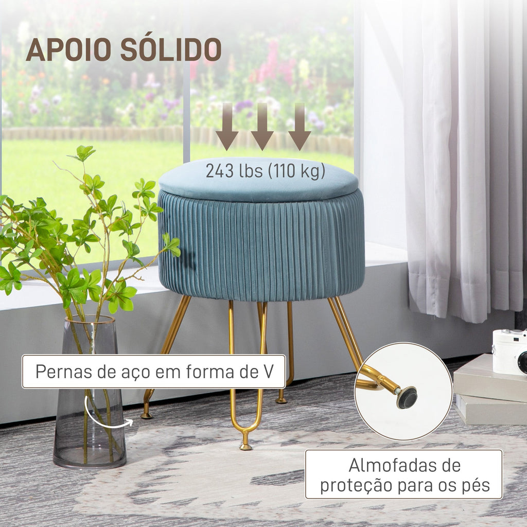 HOMCOM Puff de Armazenamento para Dormitório Puff de Arrumação Estofado em Veludo Banco de Armazenamento com Pés de Aço para Corredor Sala de Estar Ø40x48 cm Azul Claro - A minha loja
