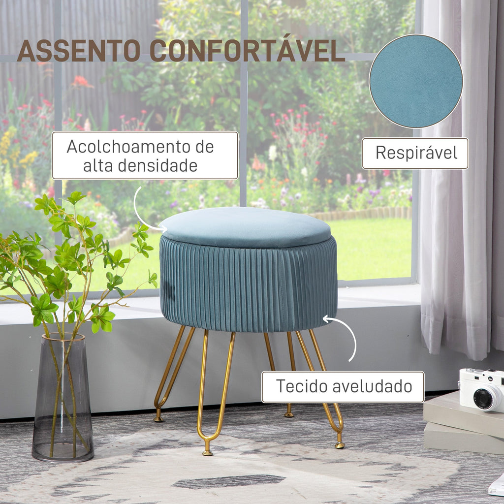 HOMCOM Puff de Armazenamento para Dormitório Puff de Arrumação Estofado em Veludo Banco de Armazenamento com Pés de Aço para Corredor Sala de Estar Ø40x48 cm Azul Claro - A minha loja