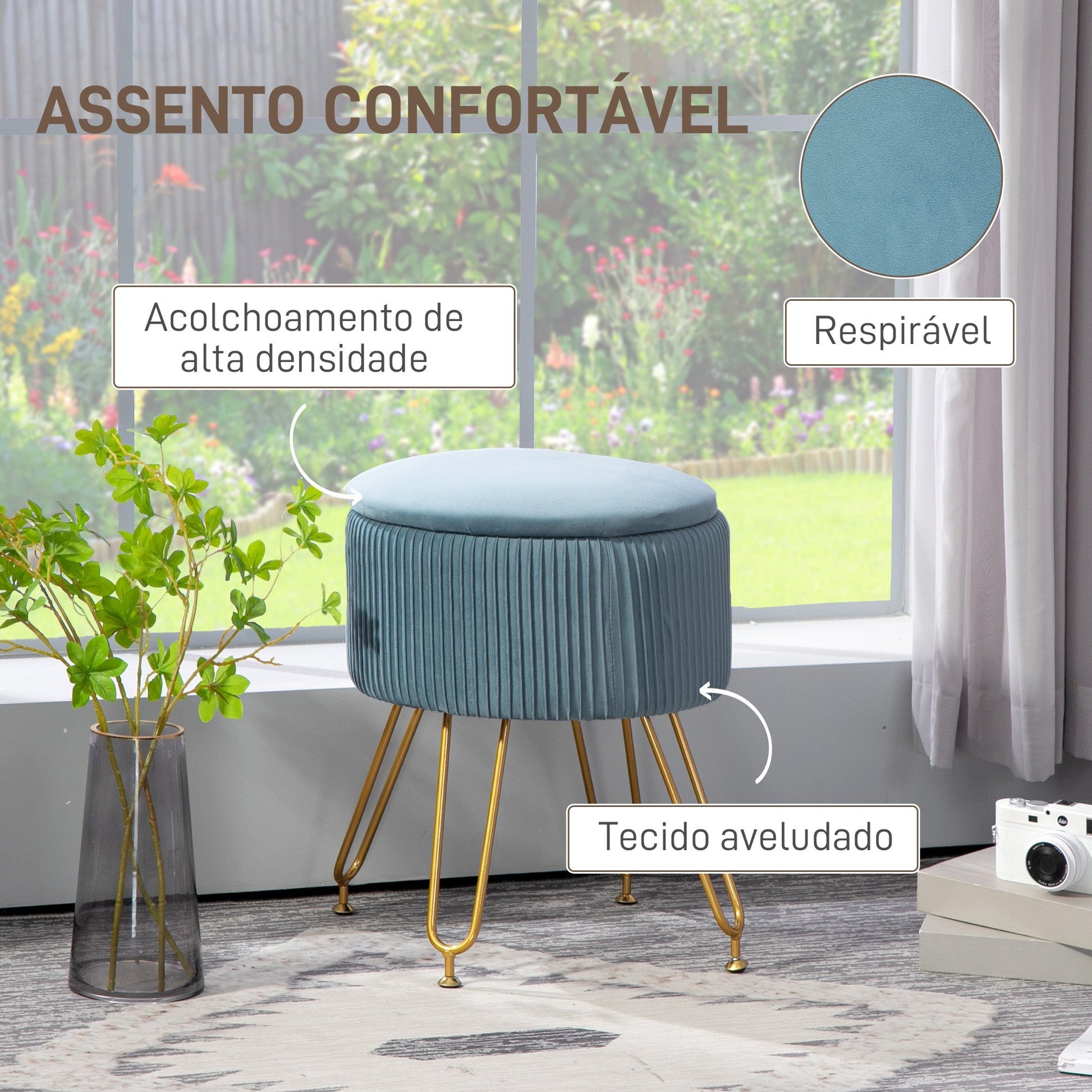 HOMCOM Puff de Armazenamento para Dormitório Puff de Arrumação Estofado em Veludo Banco de Armazenamento com Pés de Aço para Corredor Sala de Estar Ø40x48 cm Azul Claro - A minha loja