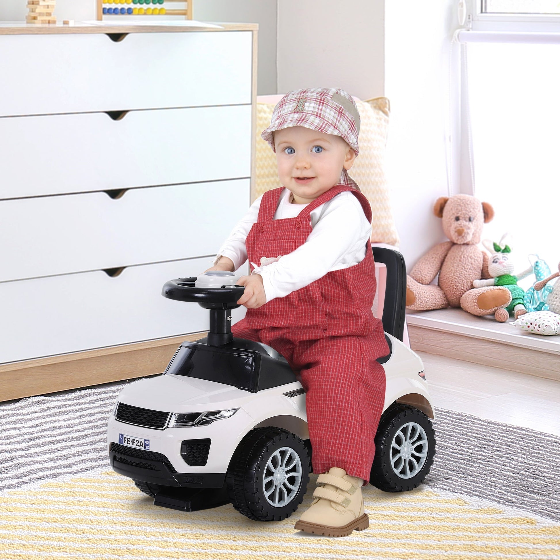 HOMCOM Quad andarilhos Carro Infantil sem Pedais para Bebê Estilo de Carreira de Andador de Brinquedo com Alto - falante 60x38x42cm Branco - A minha loja