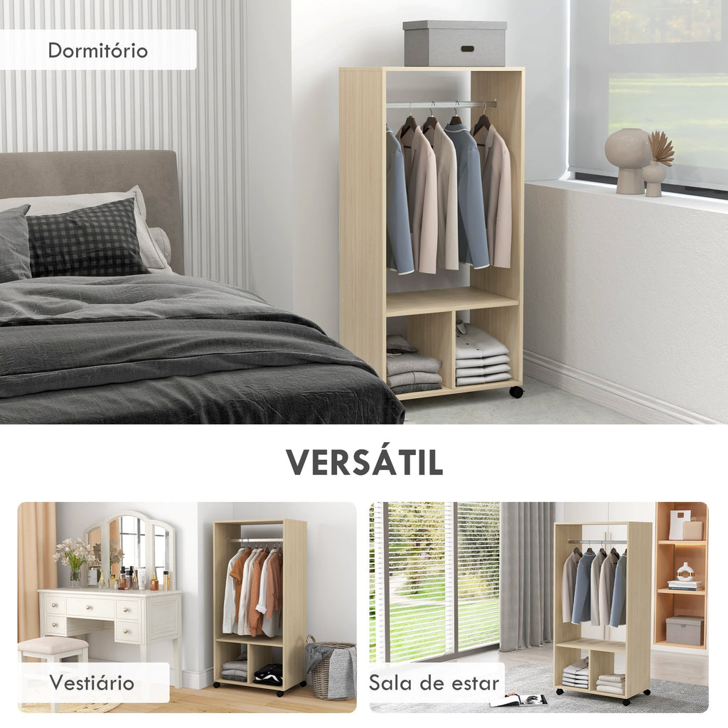 HOMCOM Roupeiro de Madeira Móvel Armário Roupeiro Aberto com Barra para Pendurar e Prateleiras Organizadoras para Dormitório 60x40x128 cm Madeira - A minha loja