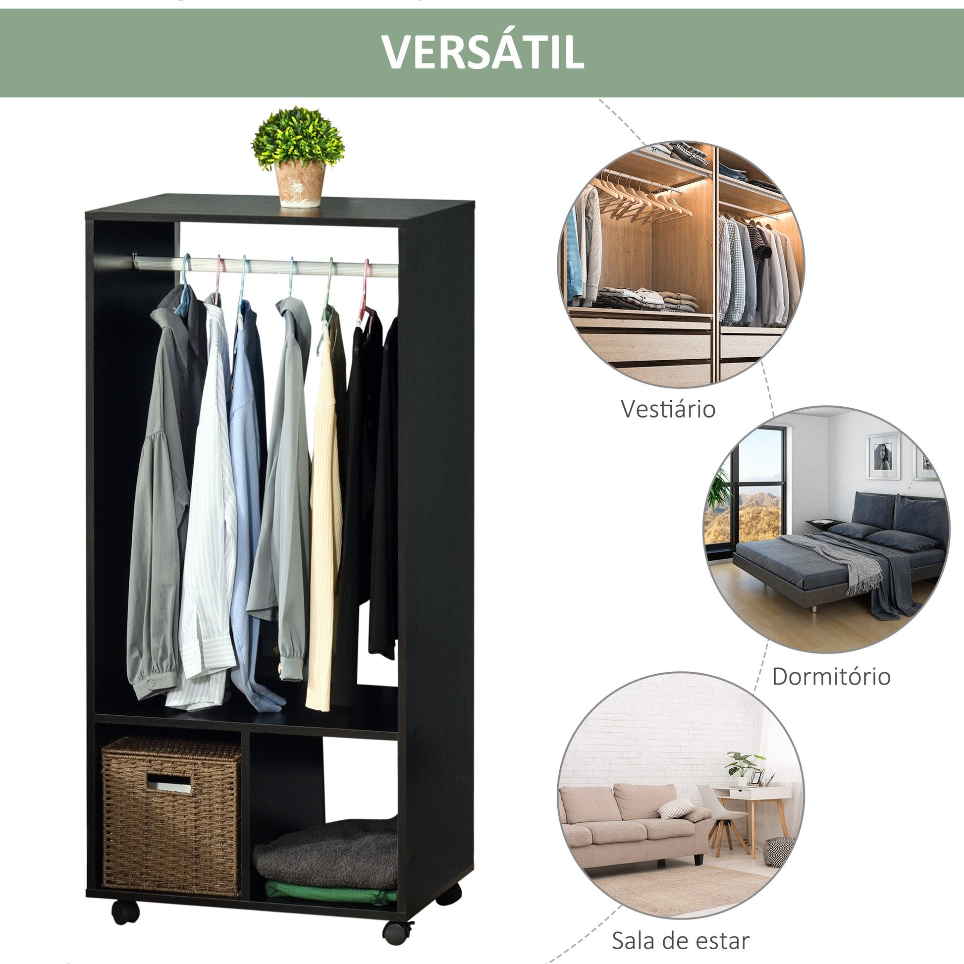HOMCOM Roupeiro de Madeira Móvel Armário Roupeiro Aberto com Barra para Pendurar e Prateleiras Organizadoras para Dormitório 60x40x128 cm Preto - A minha loja