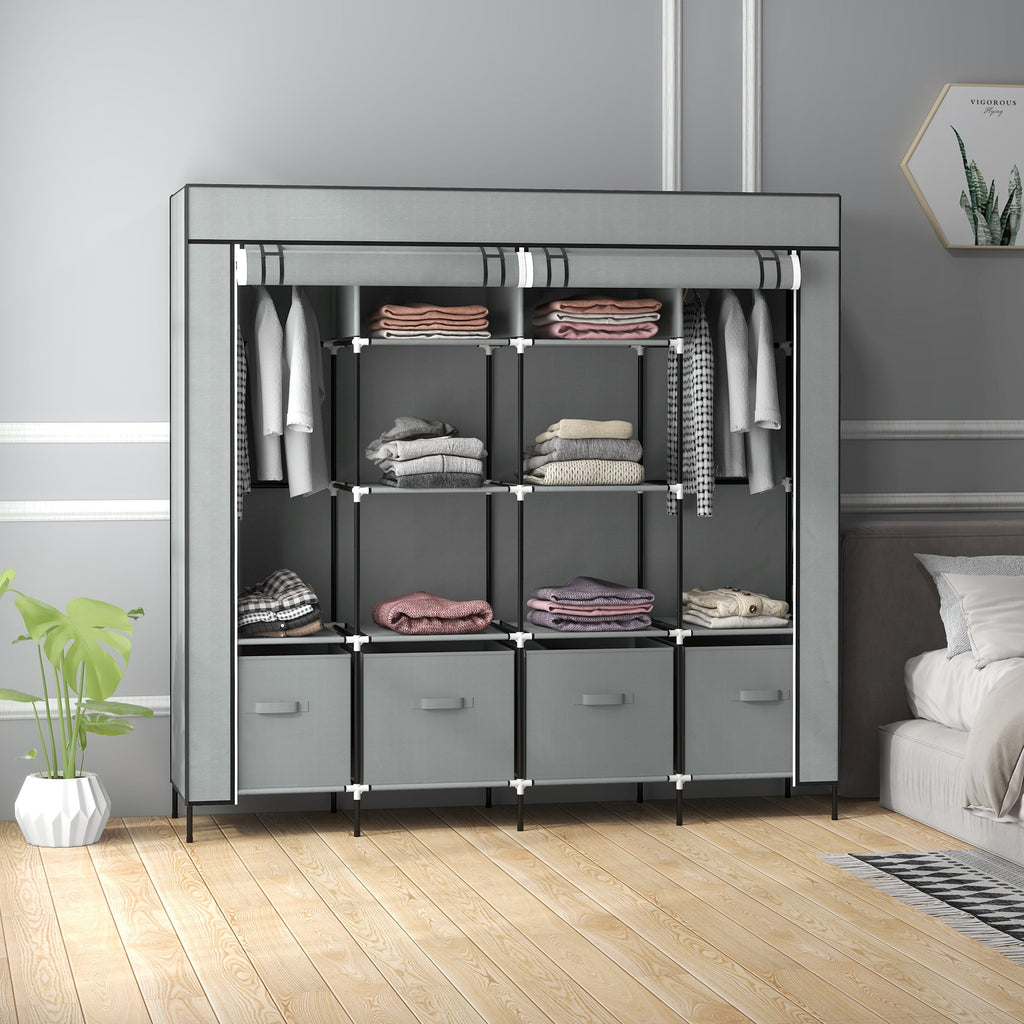 HOMCOM Roupeiro de Tecido para Dormitório Roupeiro Portátil com 10 Compartimentos 2 trilhos Suspensos e 4 Gavetas de Tecido 166x42,5x169,5 cm Cinza Escuro - A minha loja