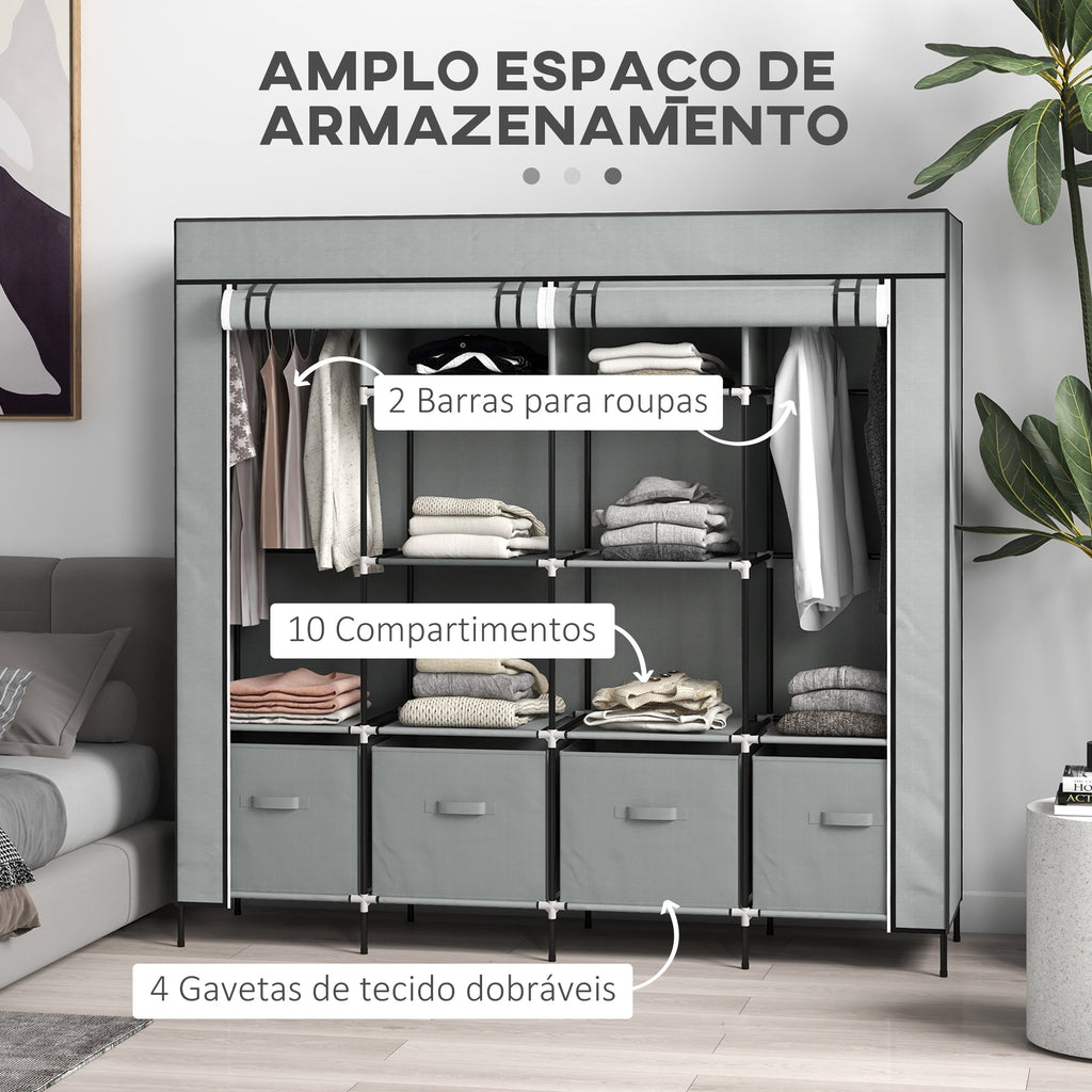 HOMCOM Roupeiro de Tecido para Dormitório Roupeiro Portátil com 10 Compartimentos 2 trilhos Suspensos e 4 Gavetas de Tecido 166x42,5x169,5 cm Cinza Escuro - A minha loja