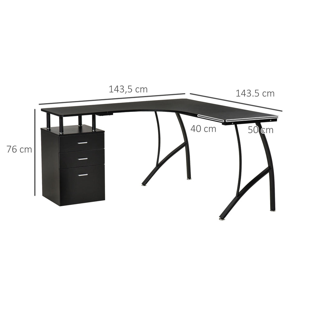 HOMCOM Secretária de Canto para Computador Mesa em Formato de L com 3 Gavetas Mesa Moderna para Escritório 143,5x143,5x76cm Preto - A minha loja