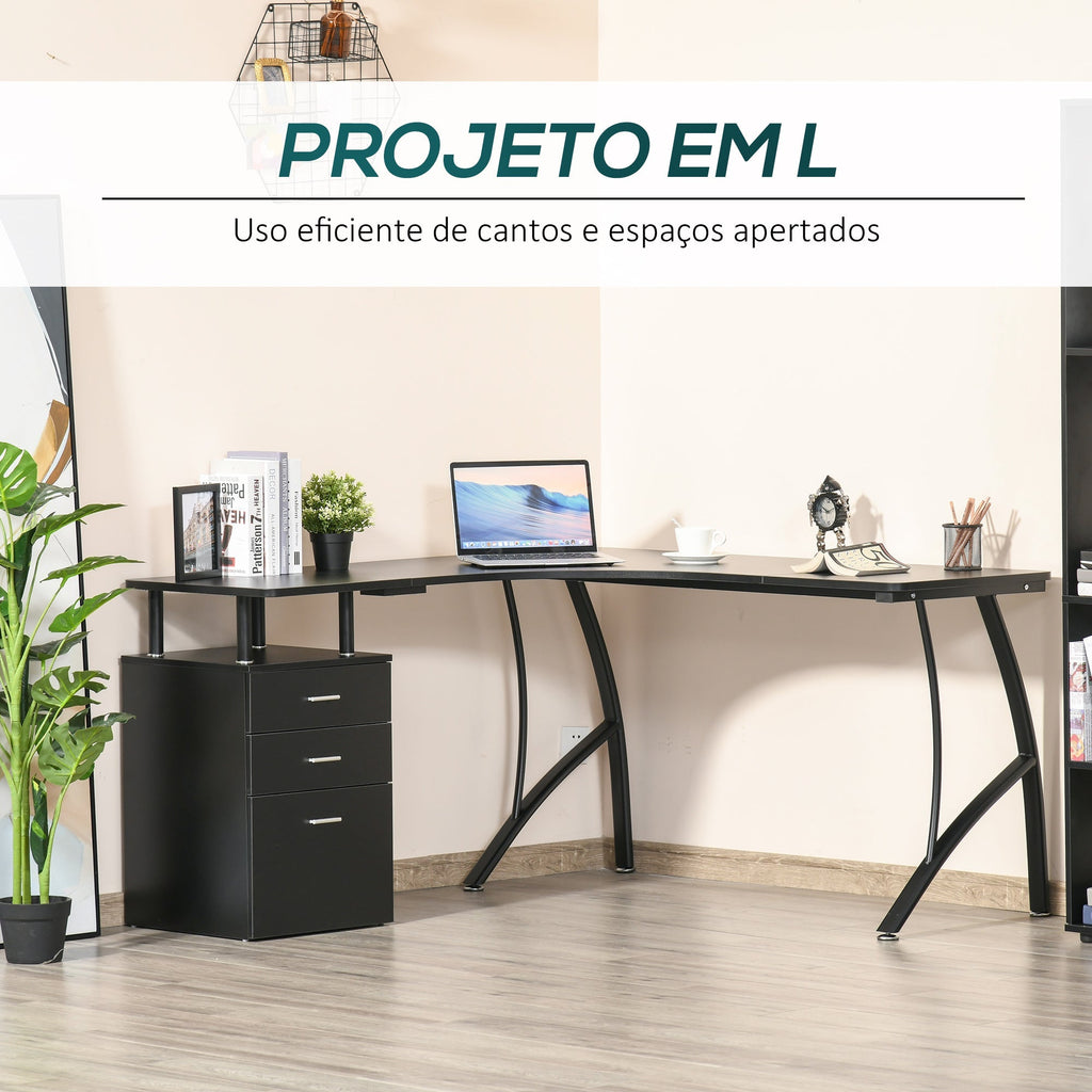 HOMCOM Secretária de Canto para Computador Mesa em Formato de L com 3 Gavetas Mesa Moderna para Escritório 143,5x143,5x76cm Preto - A minha loja