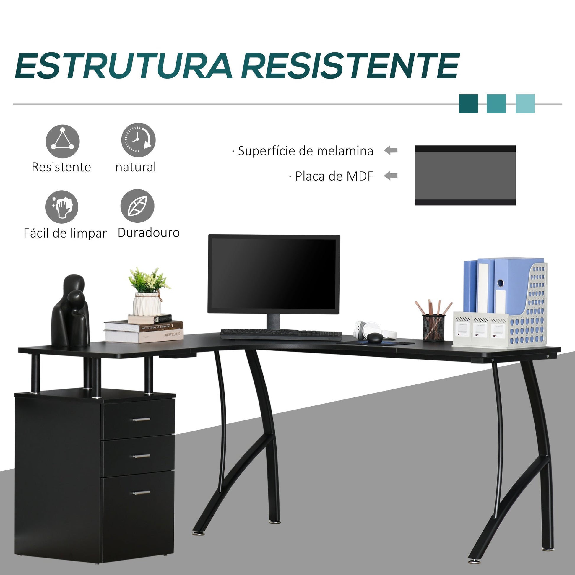 HOMCOM Secretária de Canto para Computador Mesa em Formato de L com 3 Gavetas Mesa Moderna para Escritório 143,5x143,5x76cm Preto - A minha loja