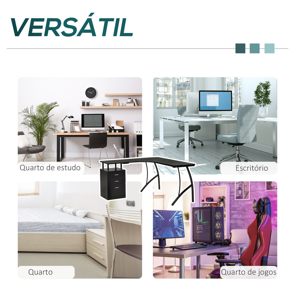 HOMCOM Secretária de Canto para Computador Mesa em Formato de L com 3 Gavetas Mesa Moderna para Escritório 143,5x143,5x76cm Preto - A minha loja