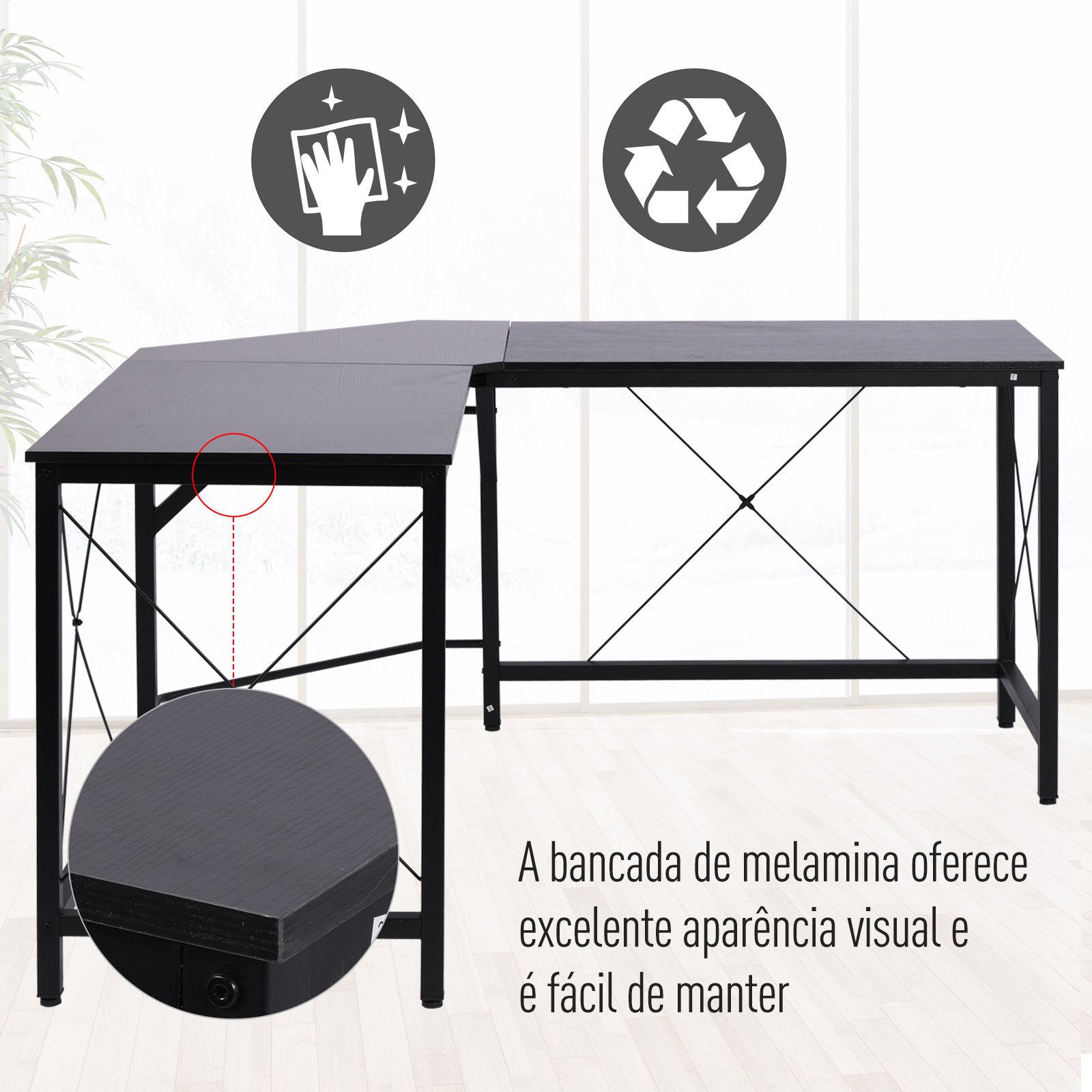 HOMCOM Secretária de Canto para Escritório Casa Secretária em Forma de L com Estrutura de Aço 150x150x76 Preto - A minha loja