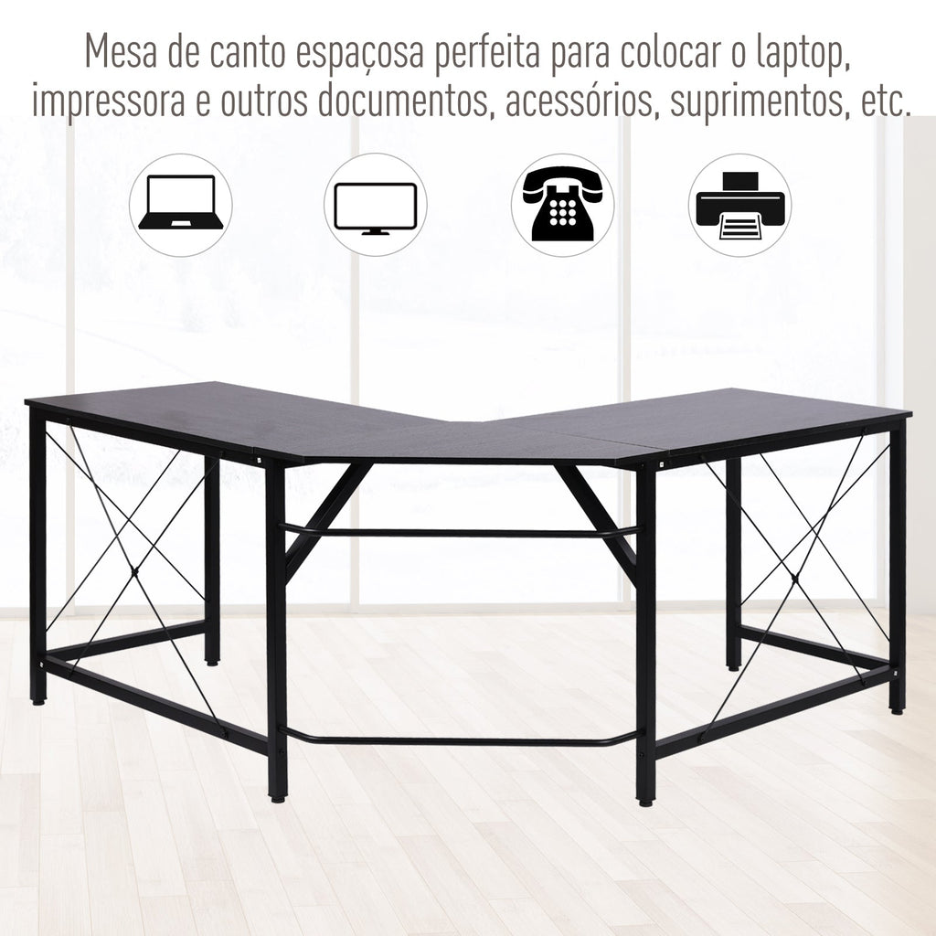 HOMCOM Secretária de Canto para Escritório Casa Secretária em Forma de L com Estrutura de Aço 150x150x76 Preto - A minha loja