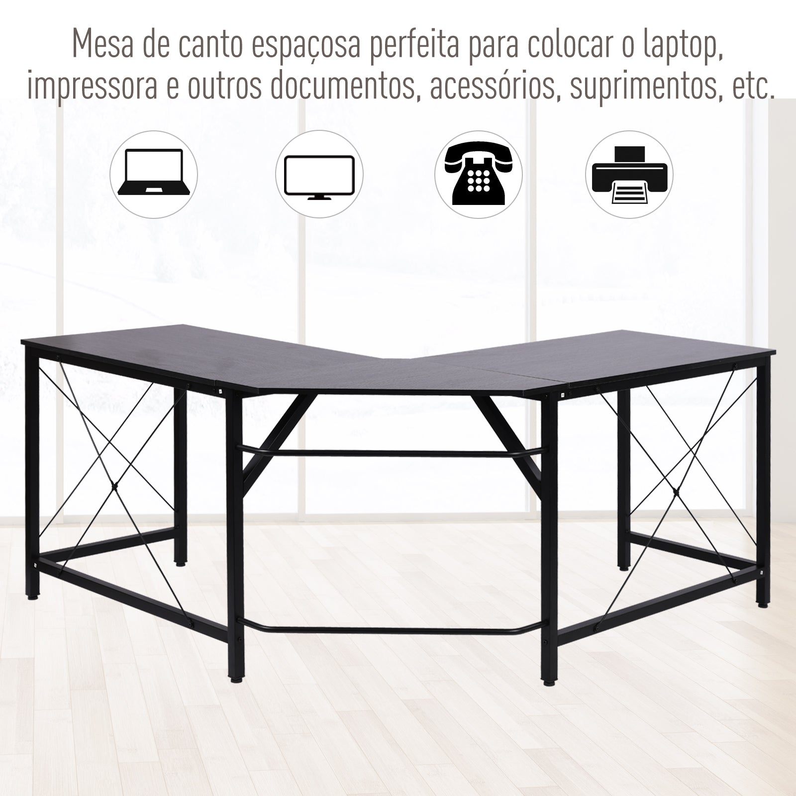 HOMCOM Secretária de Canto para Escritório Casa Secretária em Forma de L com Estrutura de Aço 150x150x76 Preto - A minha loja