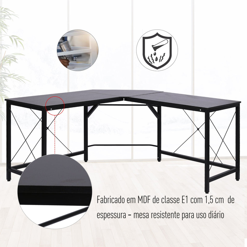 HOMCOM Secretária de Canto para Escritório Casa Secretária em Forma de L com Estrutura de Aço 150x150x76 Preto - A minha loja
