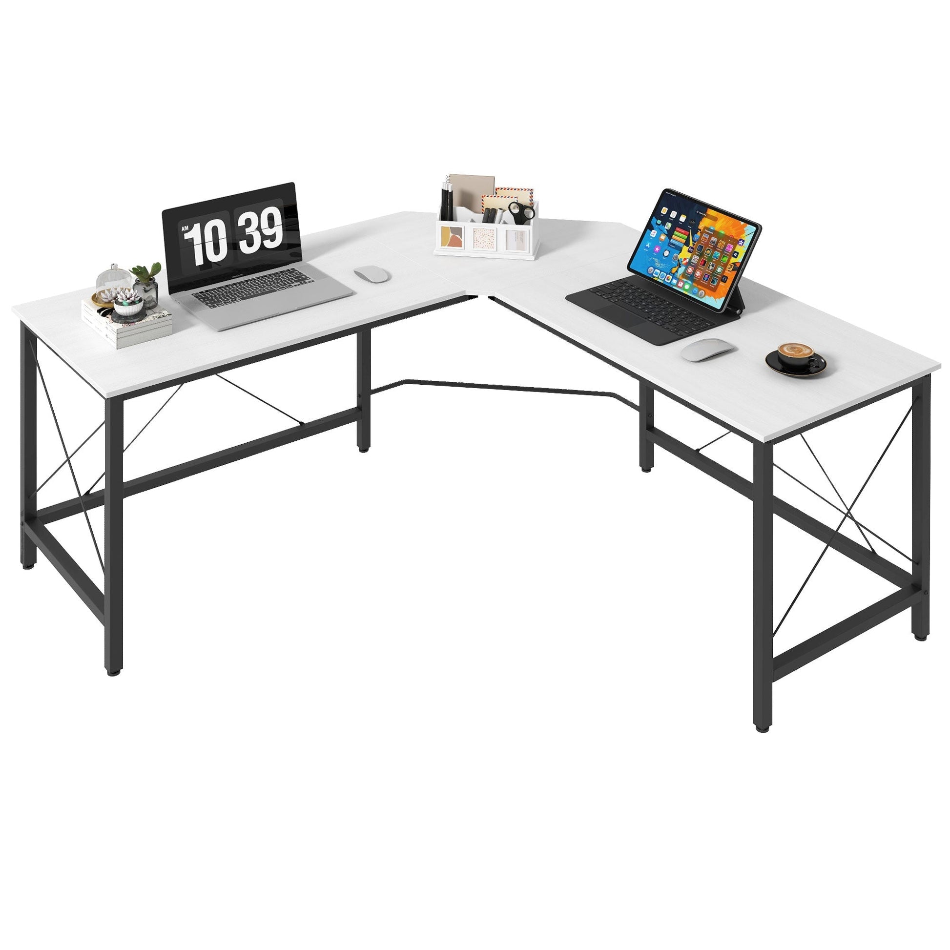 HOMCOM Secretária em Forma de L Secretária para Escritório com Estrutura de Metal Carga 70 kg Secretária de Canto para Escritório Estúdio 150x150x76 cm Branco e Preto - A minha loja