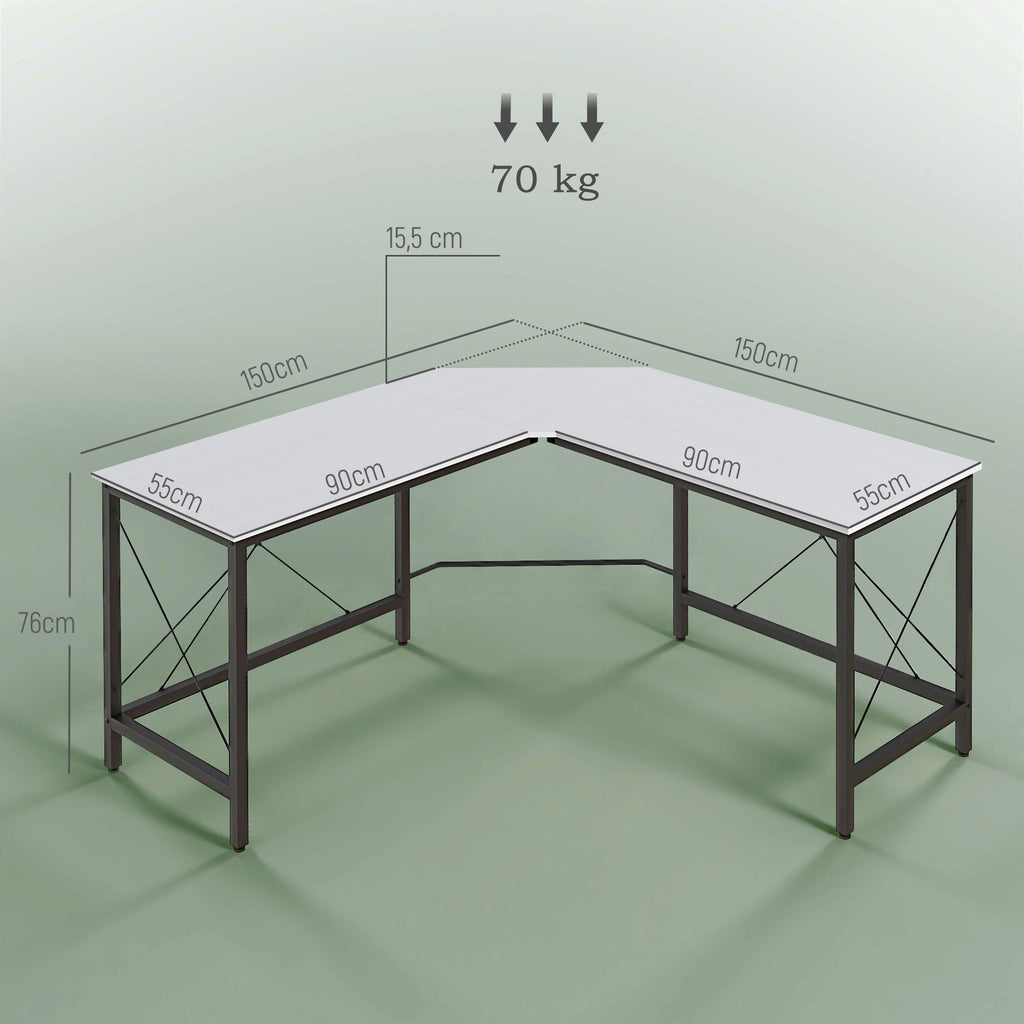 HOMCOM Secretária em Forma de L Secretária para Escritório com Estrutura de Metal Carga 70 kg Secretária de Canto para Escritório Estúdio 150x150x76 cm Branco e Preto - A minha loja