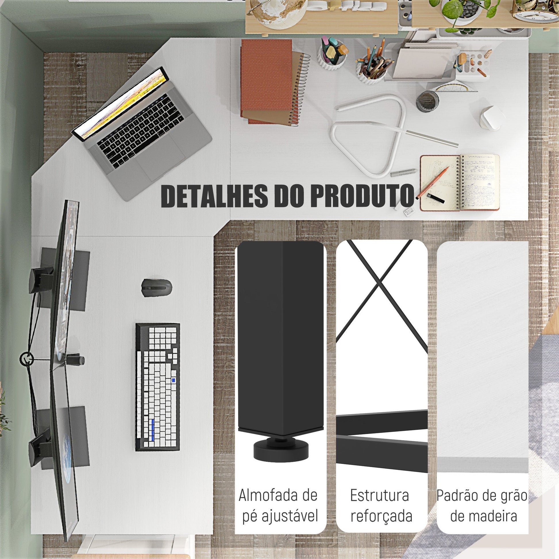 HOMCOM Secretária em Forma de L Secretária para Escritório com Estrutura de Metal Carga 70 kg Secretária de Canto para Escritório Estúdio 150x150x76 cm Branco e Preto - A minha loja