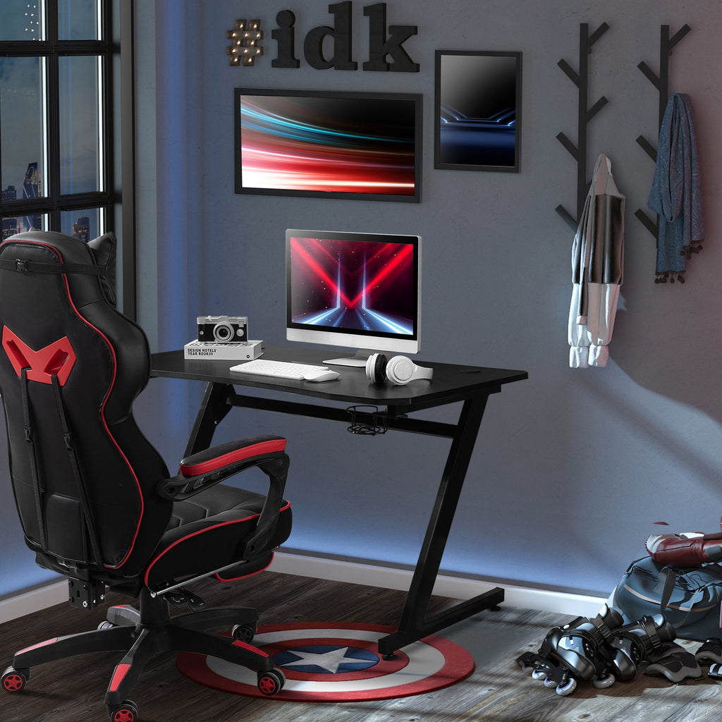 HOMCOM Secretária Gaming 120x65x74,5cm Secretária Gaming para Computador com Suporte para Copos Gancho para Fones de Ouvido e Pés Ajustáveis com Efeito de Fibra de Carbono Preto - A minha loja