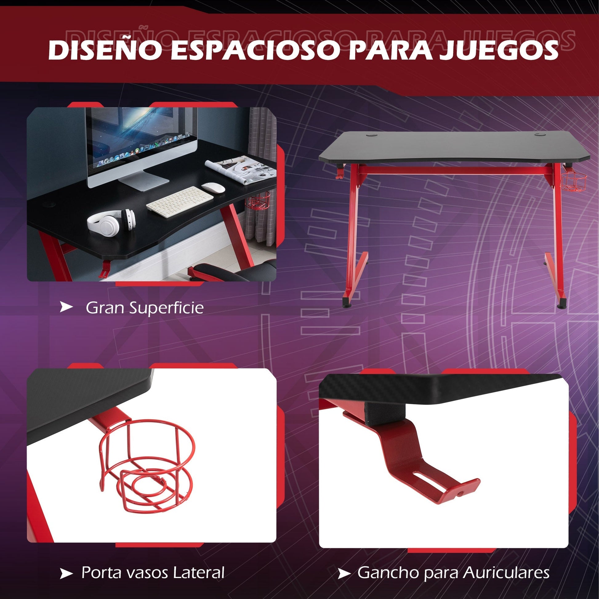 HOMCOM Secretária Gaming 120x65x74,5cm Secretária Gaming para Computador com Suporte para Copos Gancho para Fones de Ouvido e Pés Ajustáveis com Efeito de Fibra de Carbono Preto e Vermelho - A minha loja