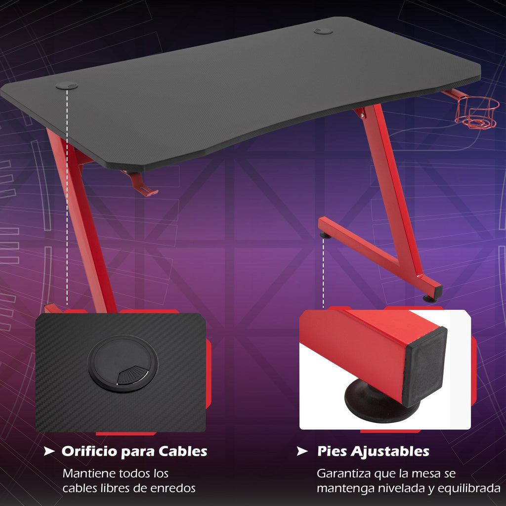HOMCOM Secretária Gaming 120x65x74,5cm Secretária Gaming para Computador com Suporte para Copos Gancho para Fones de Ouvido e Pés Ajustáveis com Efeito de Fibra de Carbono Preto e Vermelho - A minha loja