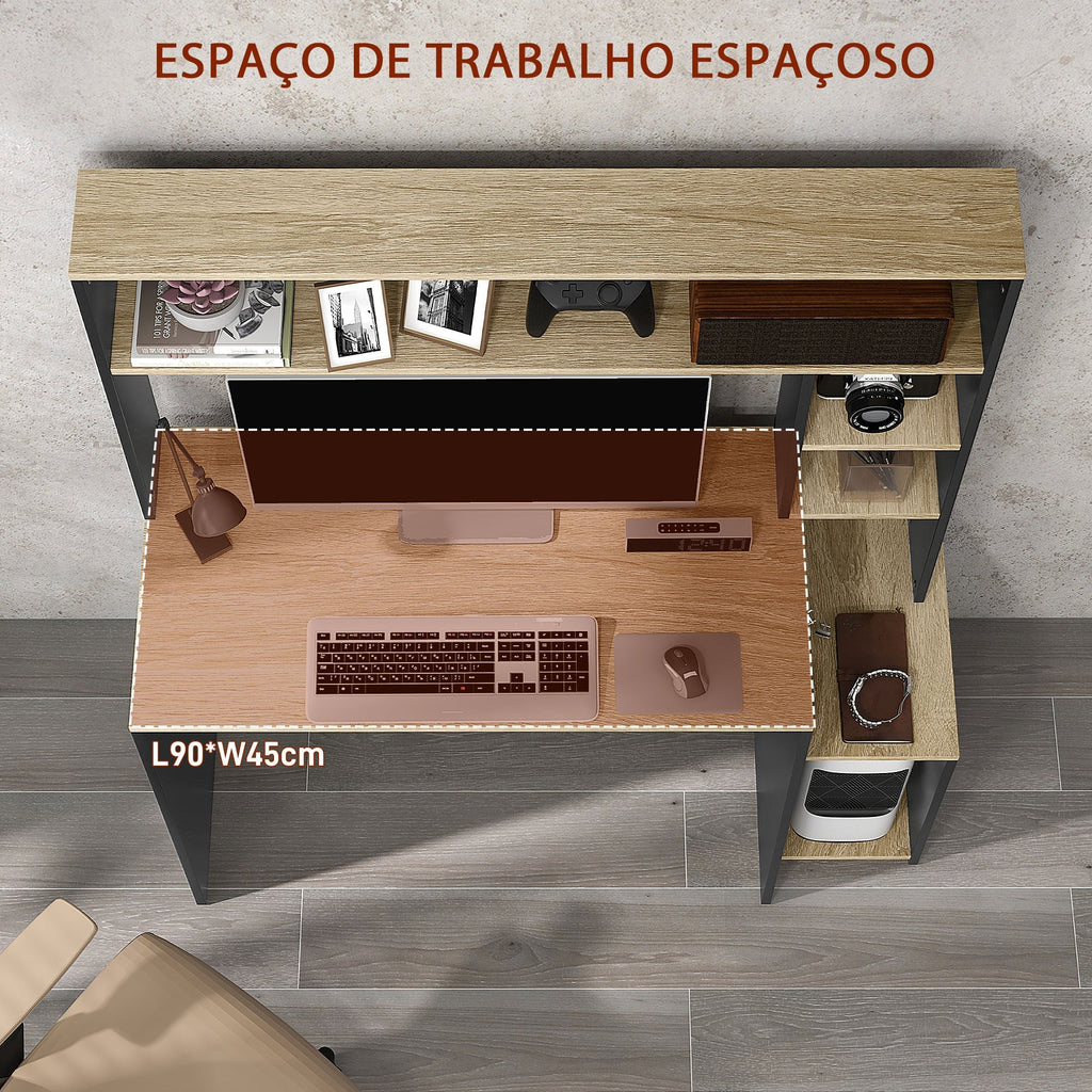 HOMCOM Secretária para Computador com Prateleira de 3 Níveis Mesa de Estudo com Suporte para CPU e Prateleira Superior para Casa Escritório 114x45x138 cm Cinza e Natural - A minha loja
