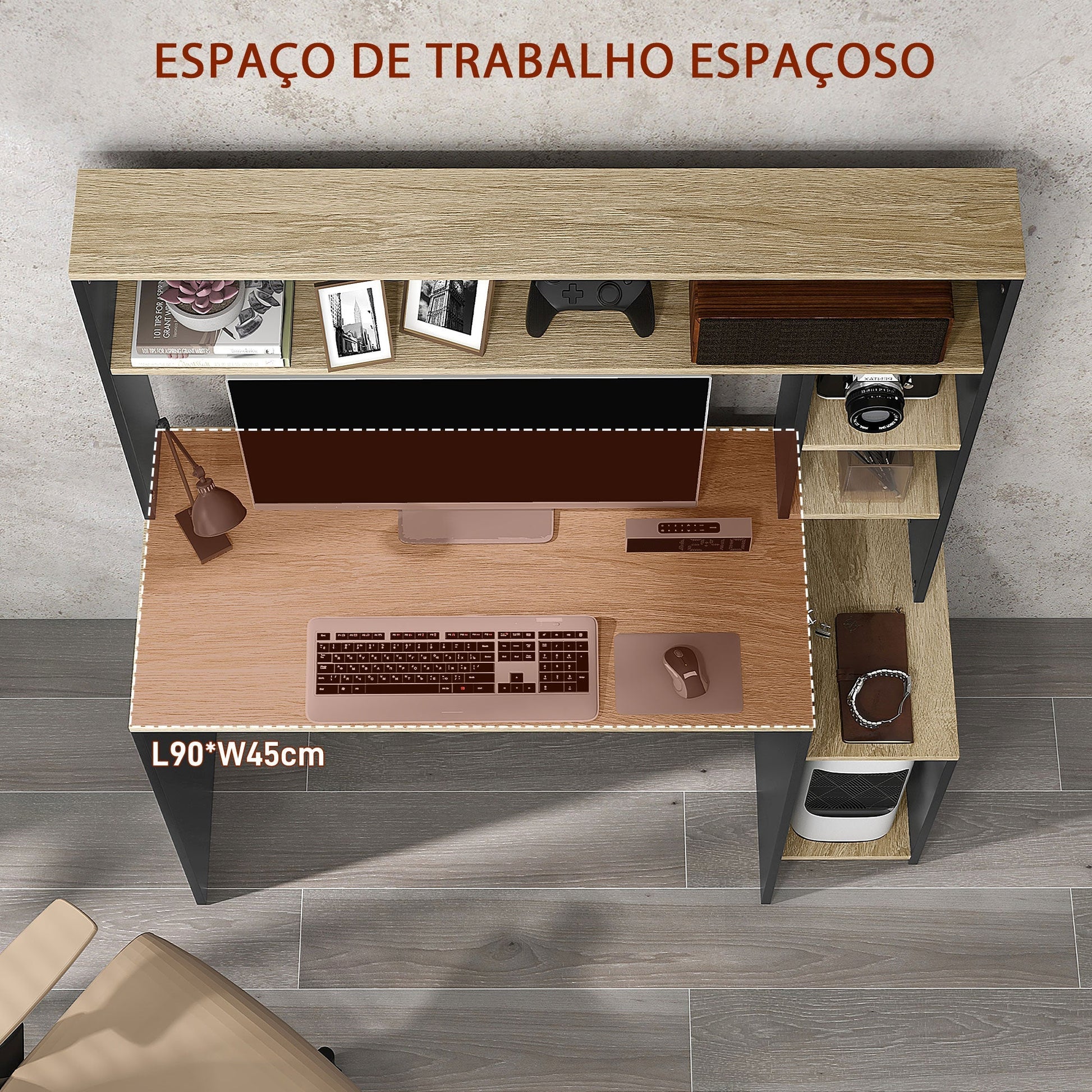 HOMCOM Secretária para Computador com Prateleira de 3 Níveis Mesa de Estudo com Suporte para CPU e Prateleira Superior para Casa Escritório 114x45x138 cm Cinza e Natural - A minha loja