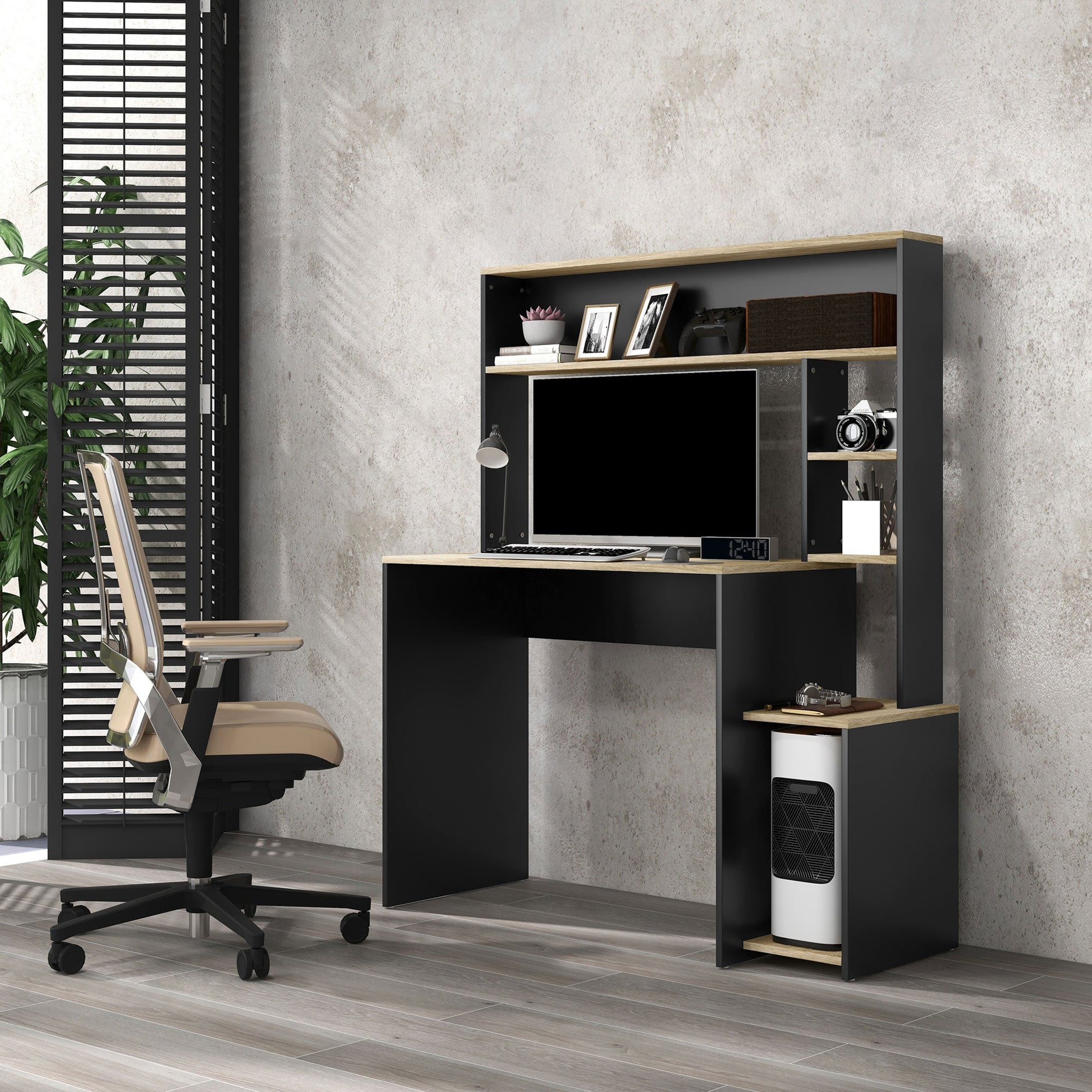 HOMCOM Secretária para Computador com Prateleira de 3 Níveis Mesa de Estudo com Suporte para CPU e Prateleira Superior para Casa Escritório 114x45x138 cm Cinza e Natural - A minha loja