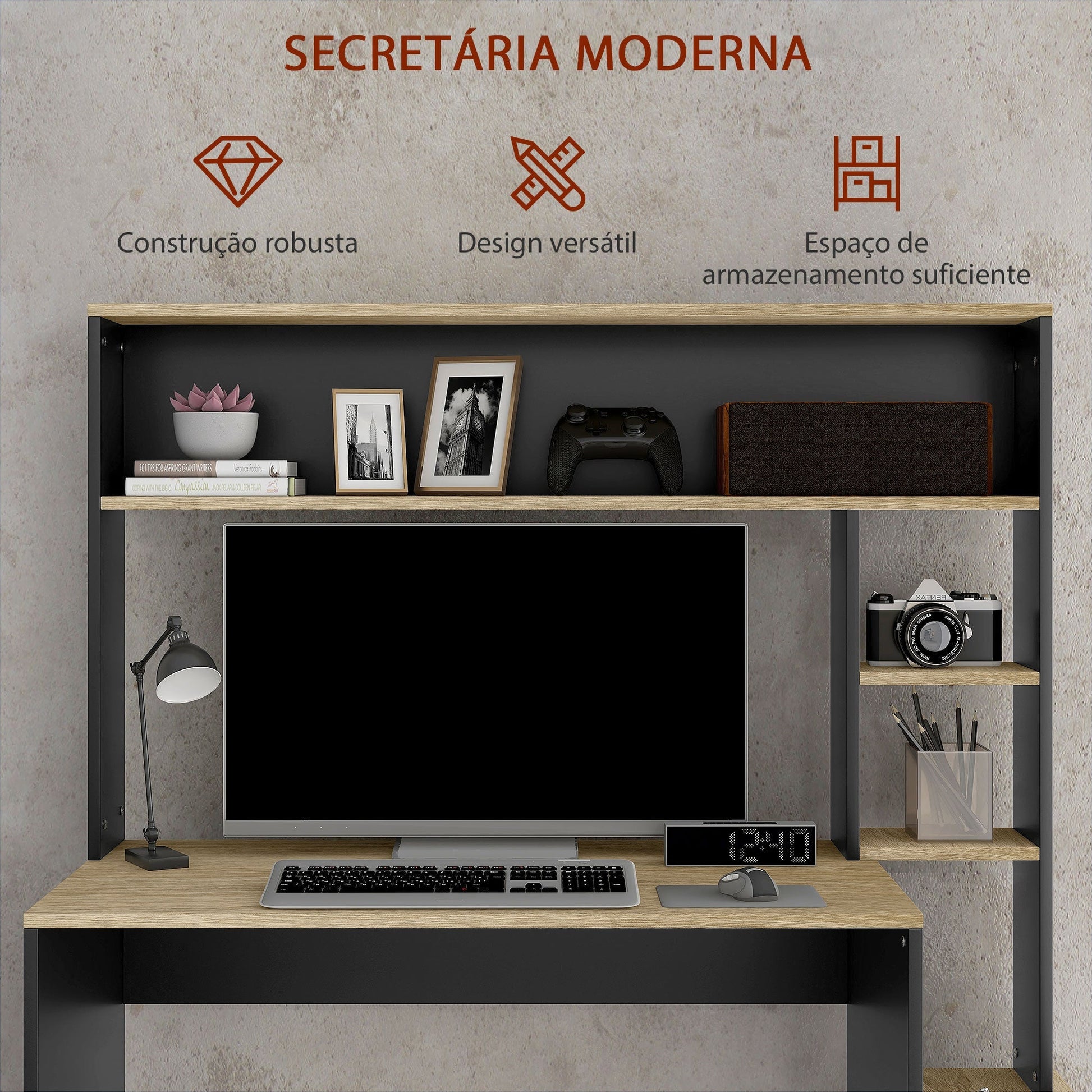 HOMCOM Secretária para Computador com Prateleira de 3 Níveis Mesa de Estudo com Suporte para CPU e Prateleira Superior para Casa Escritório 114x45x138 cm Cinza e Natural - A minha loja
