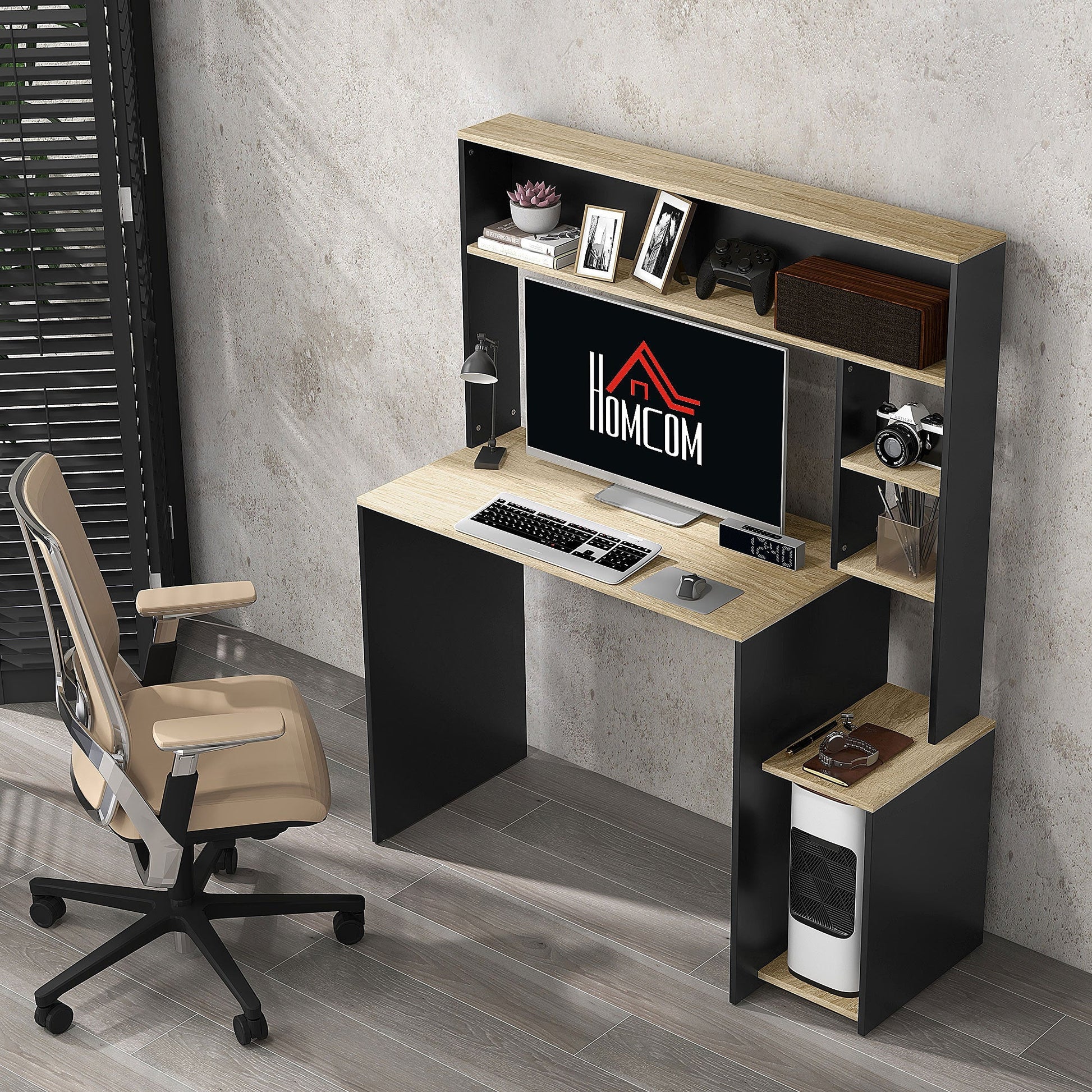HOMCOM Secretária para Computador com Prateleira de 3 Níveis Mesa de Estudo com Suporte para CPU e Prateleira Superior para Casa Escritório 114x45x138 cm Cinza e Natural - A minha loja