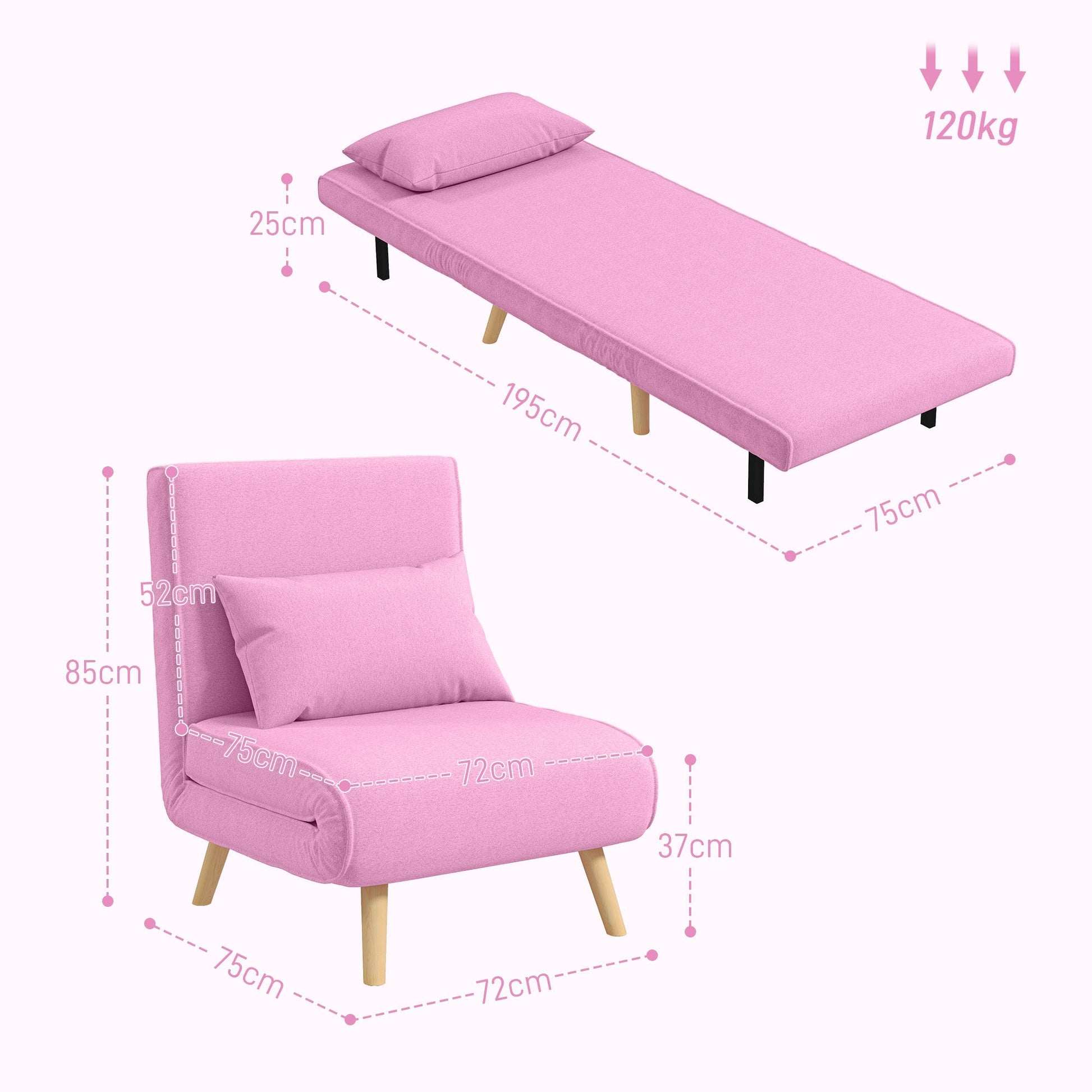 HOMCOM Sofá Cama Individual Sofá Cama Estofado em Linho com Encosto Ajustável em 5 Posições e Almofada Sofá Cama Pequeno para Sala de Estar 72x75x85 cm Rosa - A minha loja