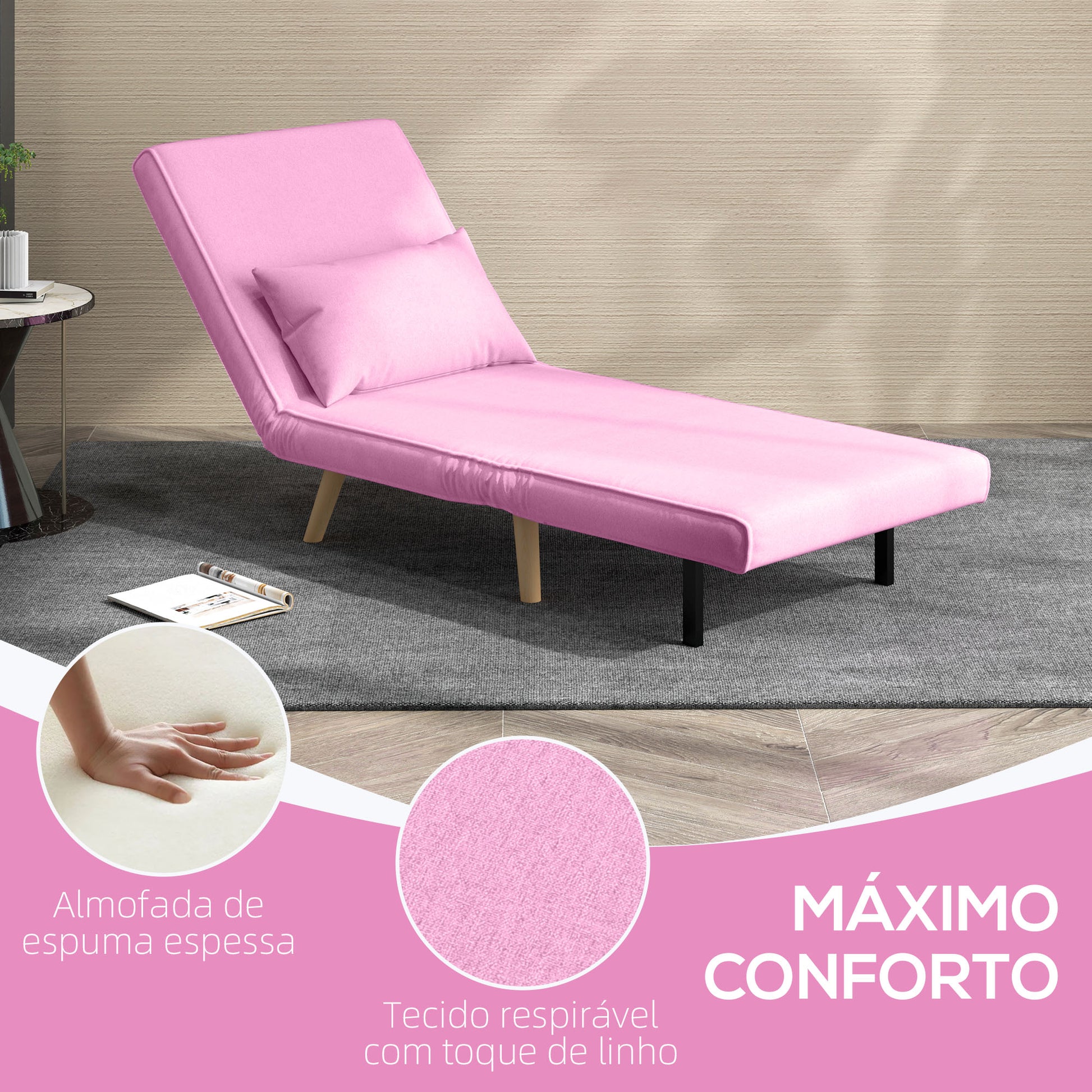 HOMCOM Sofá Cama Individual Sofá Cama Estofado em Linho com Encosto Ajustável em 5 Posições e Almofada Sofá Cama Pequeno para Sala de Estar 72x75x85 cm Rosa - A minha loja