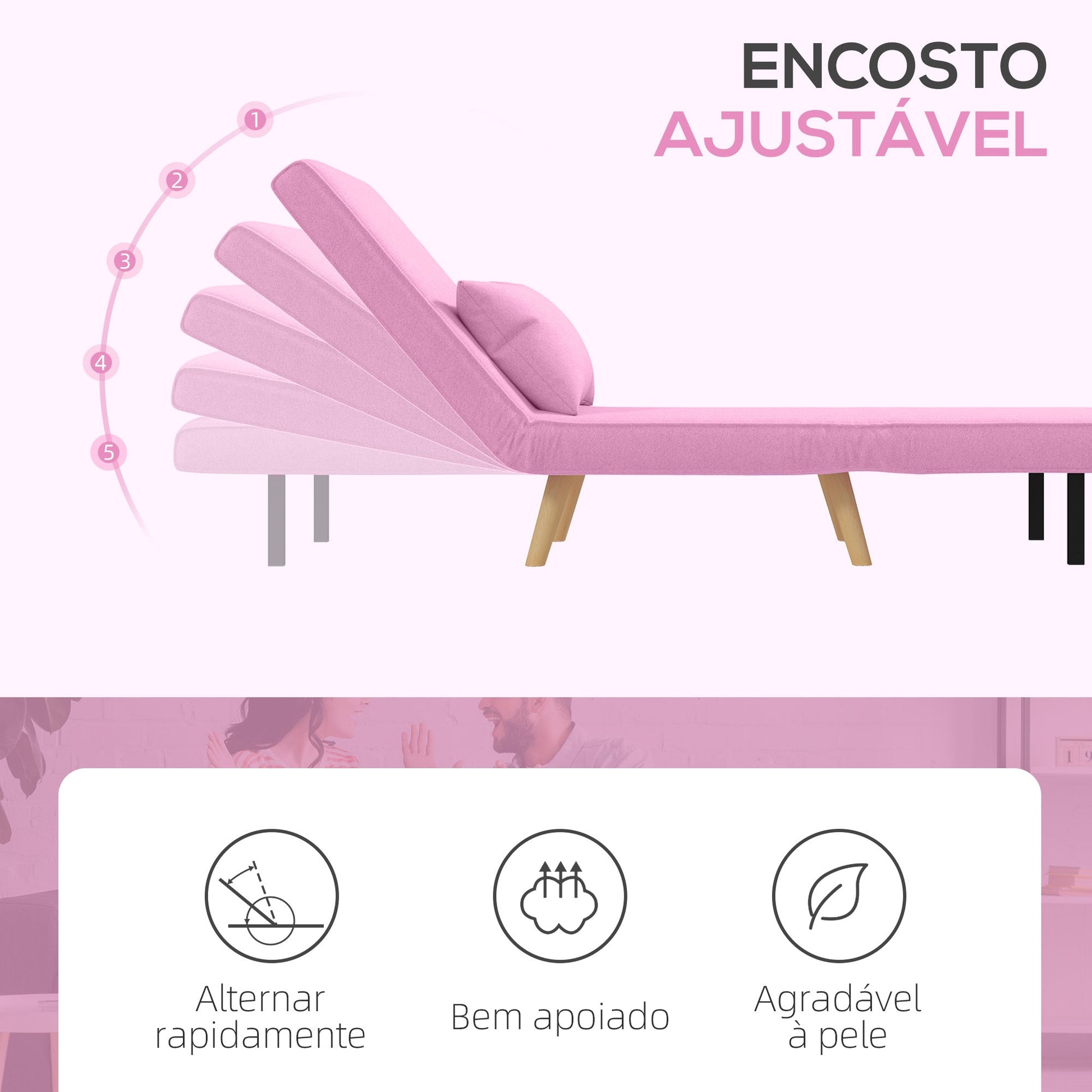 HOMCOM Sofá Cama Individual Sofá Cama Estofado em Linho com Encosto Ajustável em 5 Posições e Almofada Sofá Cama Pequeno para Sala de Estar 72x75x85 cm Rosa - A minha loja