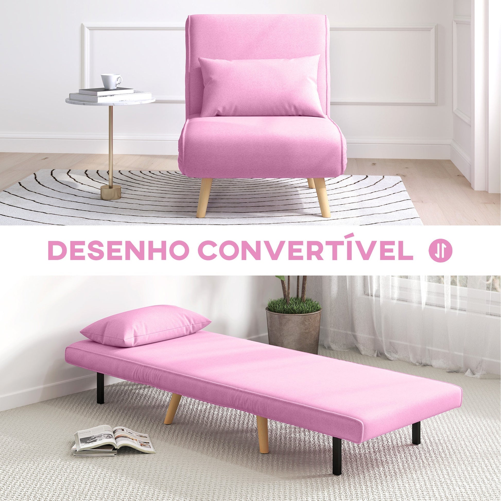 HOMCOM Sofá Cama Individual Sofá Cama Estofado em Linho com Encosto Ajustável em 5 Posições e Almofada Sofá Cama Pequeno para Sala de Estar 72x75x85 cm Rosa - A minha loja