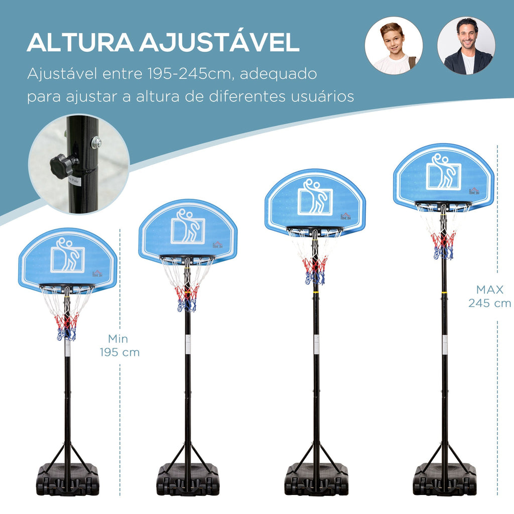 HOMCOM Tabela de Basquetebol para Exterior com Altura Ajustável 160 - 210cm Cesta de Basquetebol com Rodas Tabela de PE e Base Recarregável 76x70x197,5 - 254cm Preto e Azul - A minha loja