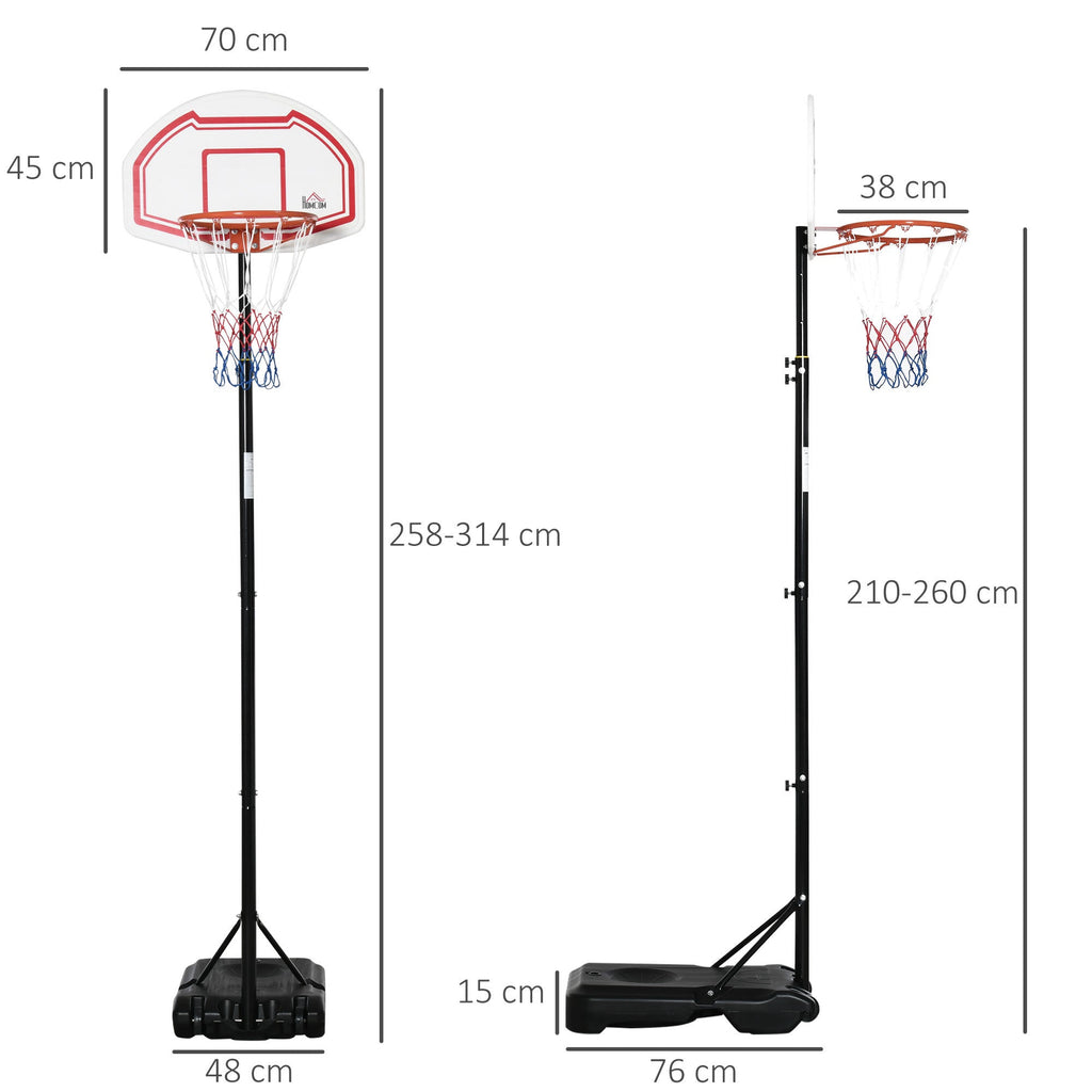 HOMCOM Tabela de Basquetebol para Exterior com Altura Ajustável 258x314 cm Cesta de Basquetebol com Rodas Base Recaregável para Adolescentes e Adultos Preto e Vermelho - A minha loja