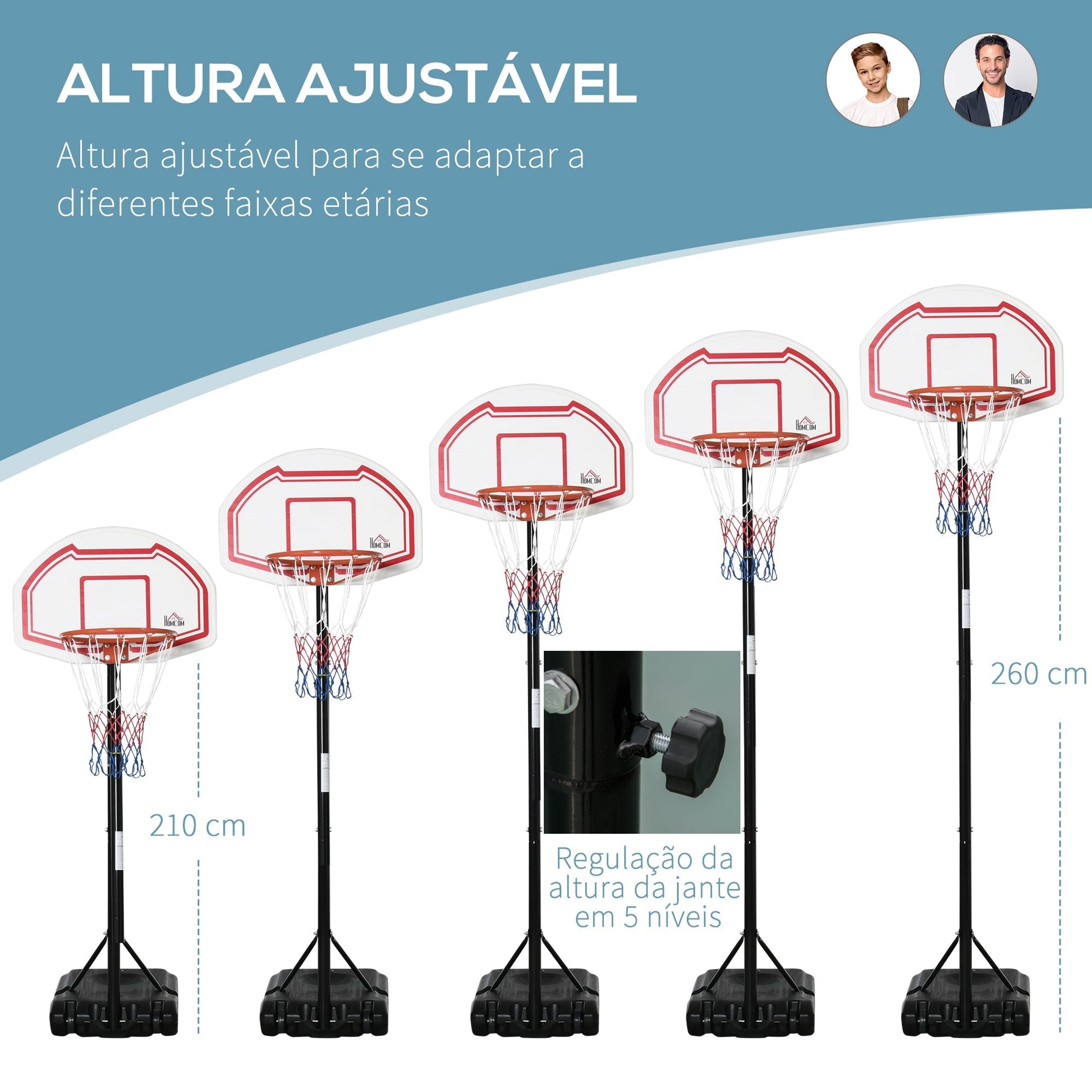 HOMCOM Tabela de Basquetebol para Exterior com Altura Ajustável 258x314 cm Cesta de Basquetebol com Rodas Base Recaregável para Adolescentes e Adultos Preto e Vermelho - A minha loja